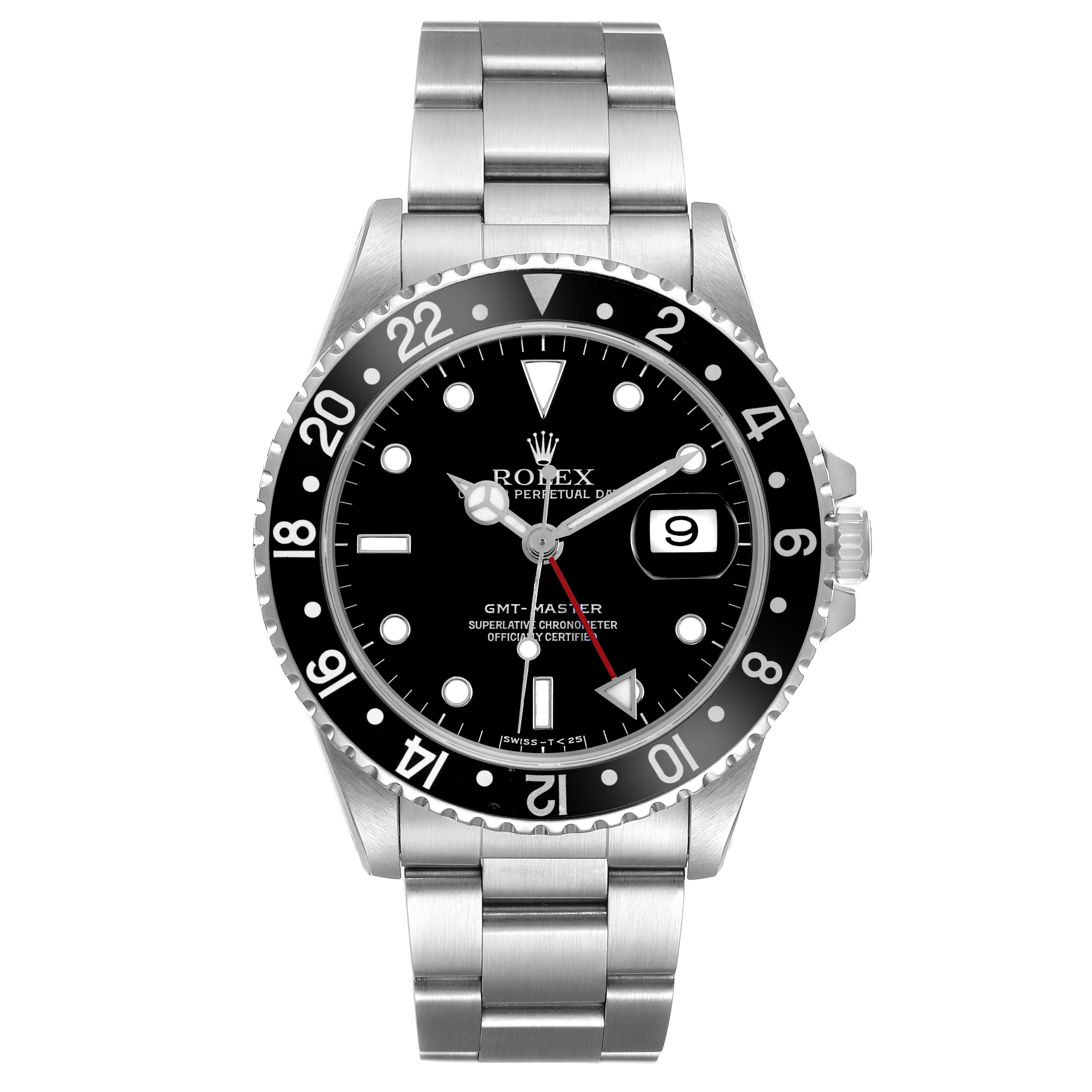 The image shows a Rolex GMT-Master 16700 Men's Stainless Steel Black Dial watch from a front angle, displaying the dial, bezel, hands, and bracelet.