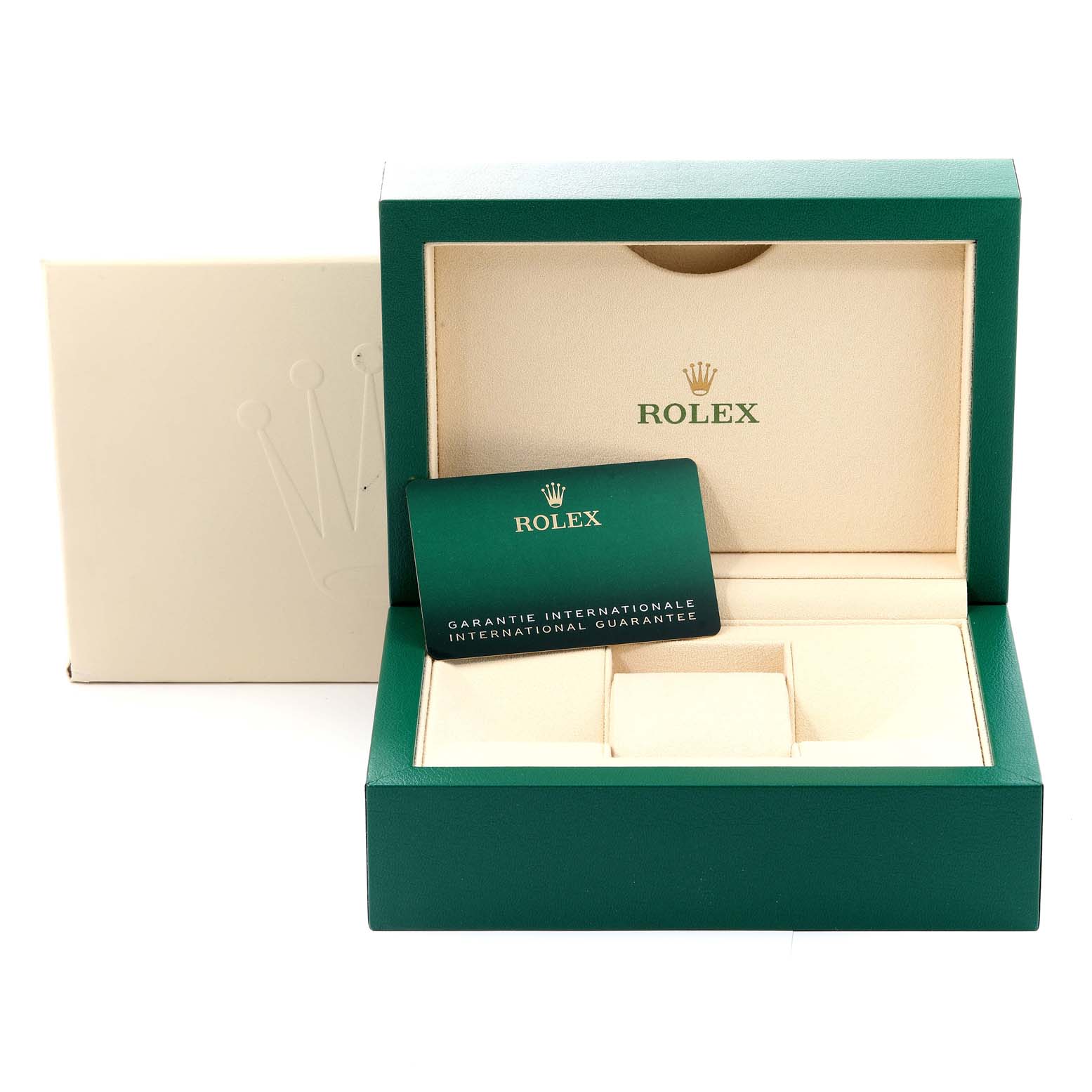 This image shows a green Rolex Oyster Perpetual 124200 Men's Stainless Steel Blue Dial 124200 Men's Stainless Steel Blue Dial watch box and warranty card from a front angle.