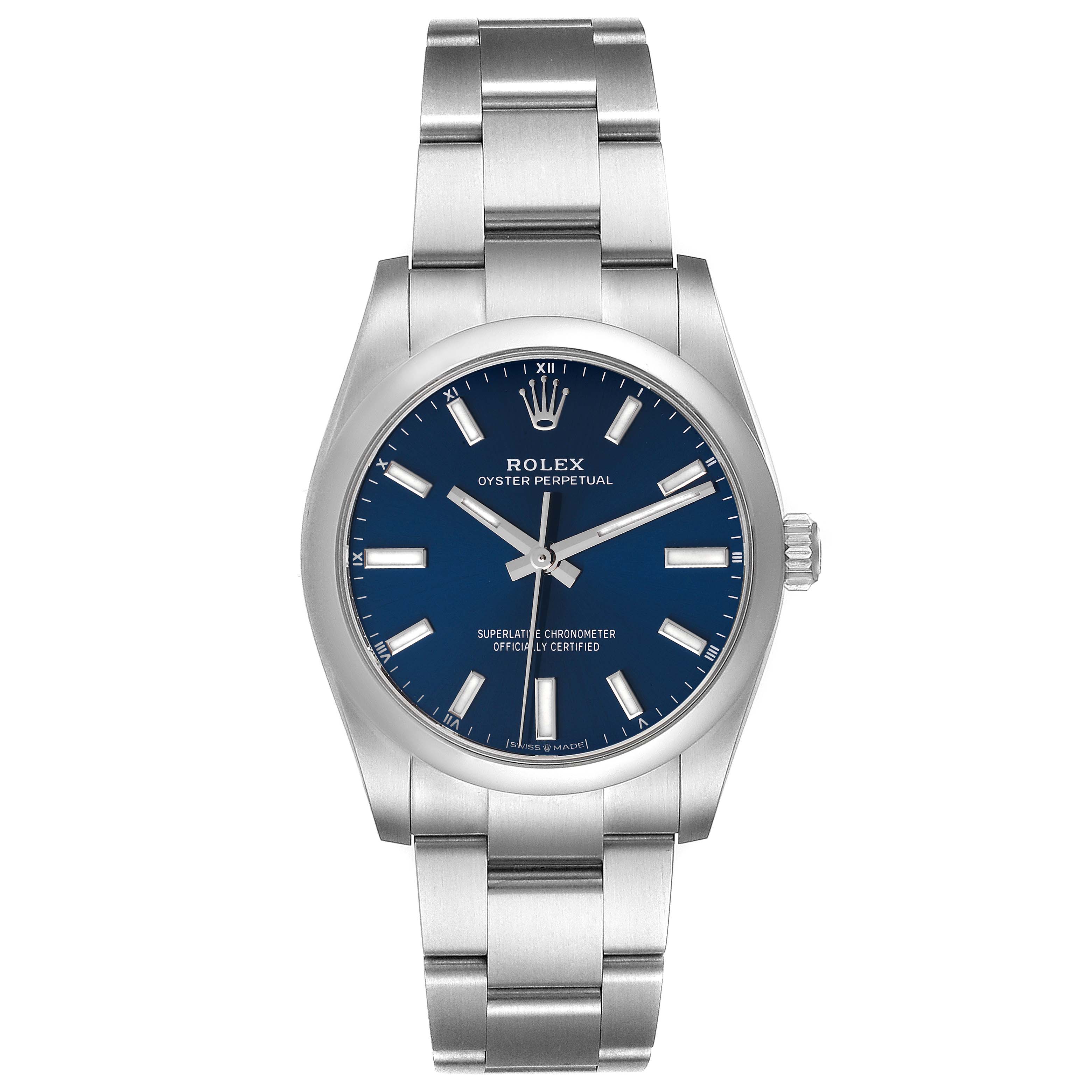 The Rolex Oyster Perpetual 124200 Men's Stainless Steel Blue Dial 124200 Men's Stainless Steel Blue Dial watch is shown from a front angle, displaying its blue dial, metal bracelet, and case.