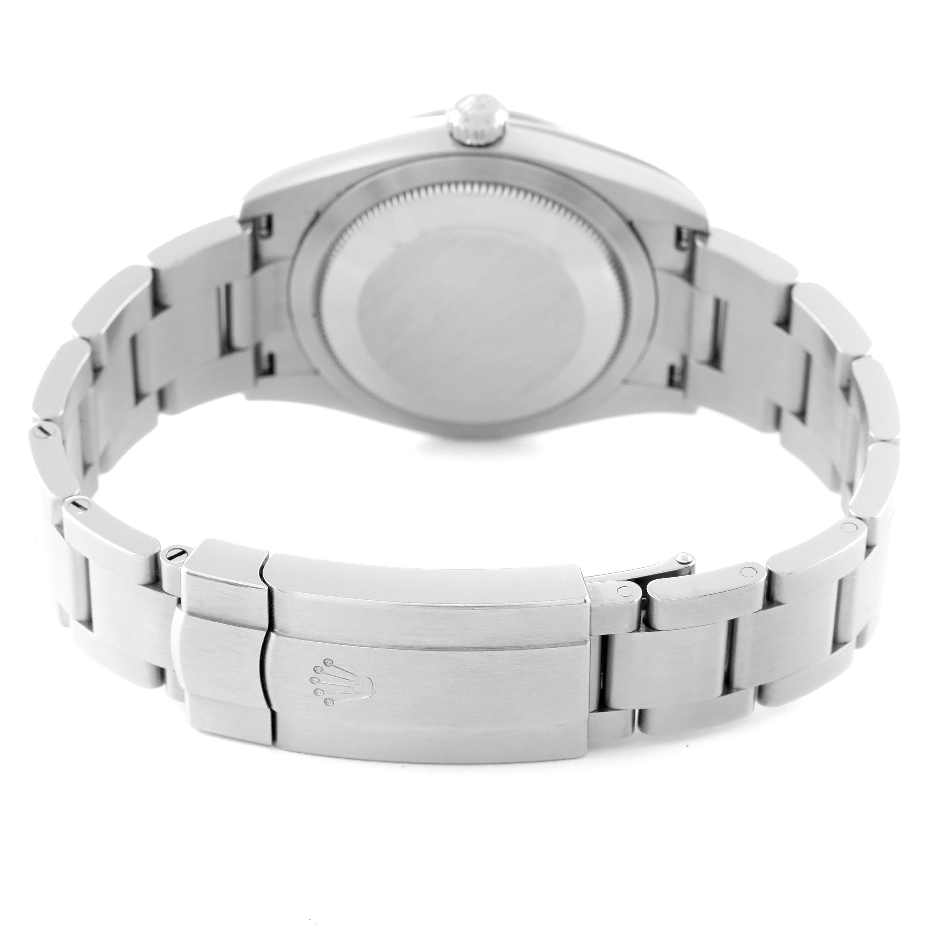 The image shows the back case and closed clasp of a Rolex Oyster Perpetual 124200 Men's Stainless Steel Blue Dial 124200 Men's Stainless Steel Blue Dial watch from a rear angle.