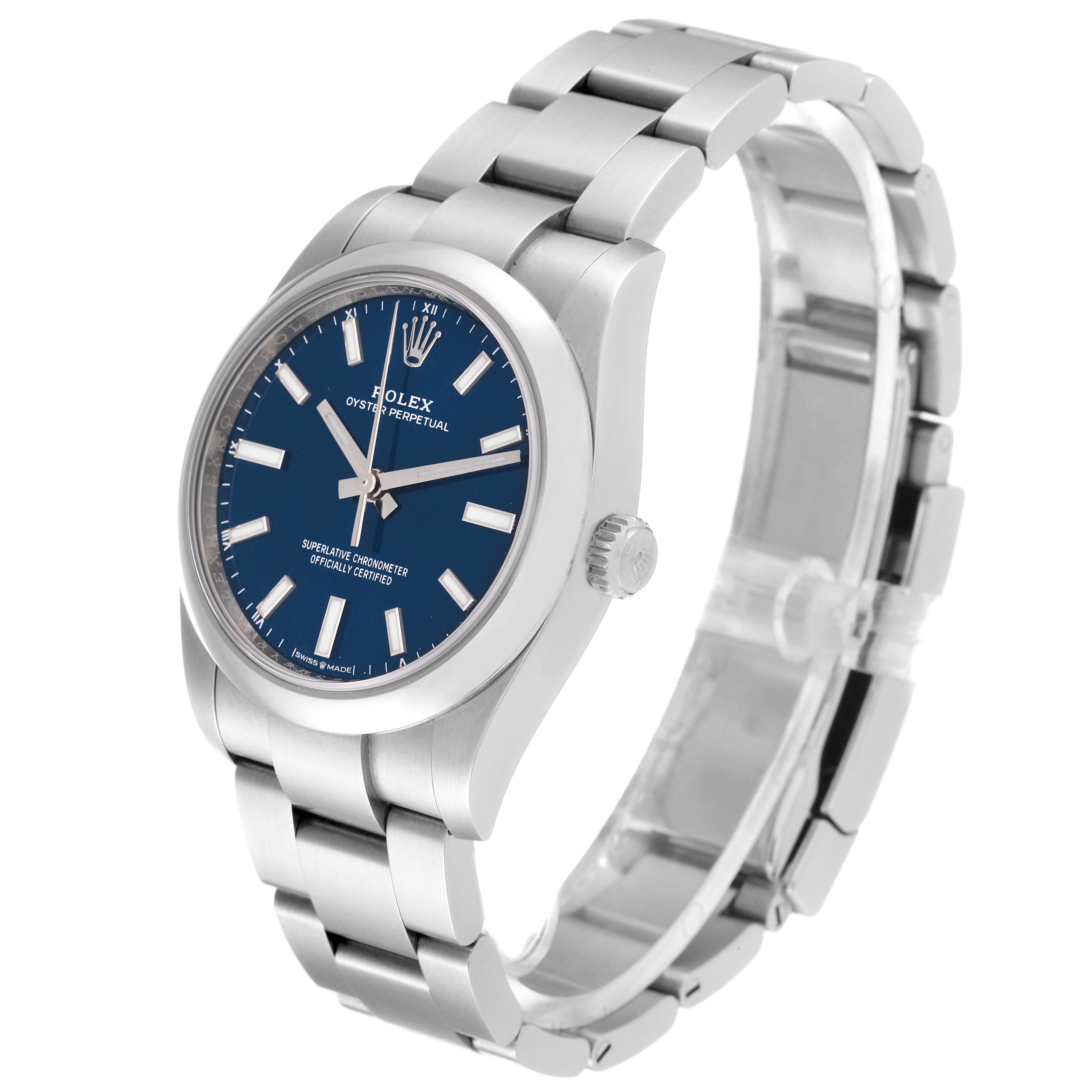 This image shows a three-quarter angled front view of a Rolex Oyster Perpetual 124200 Men's Stainless Steel Blue Dial 124200 Men's Stainless Steel Blue Dial watch, highlighting the dial, case, and bracelet.