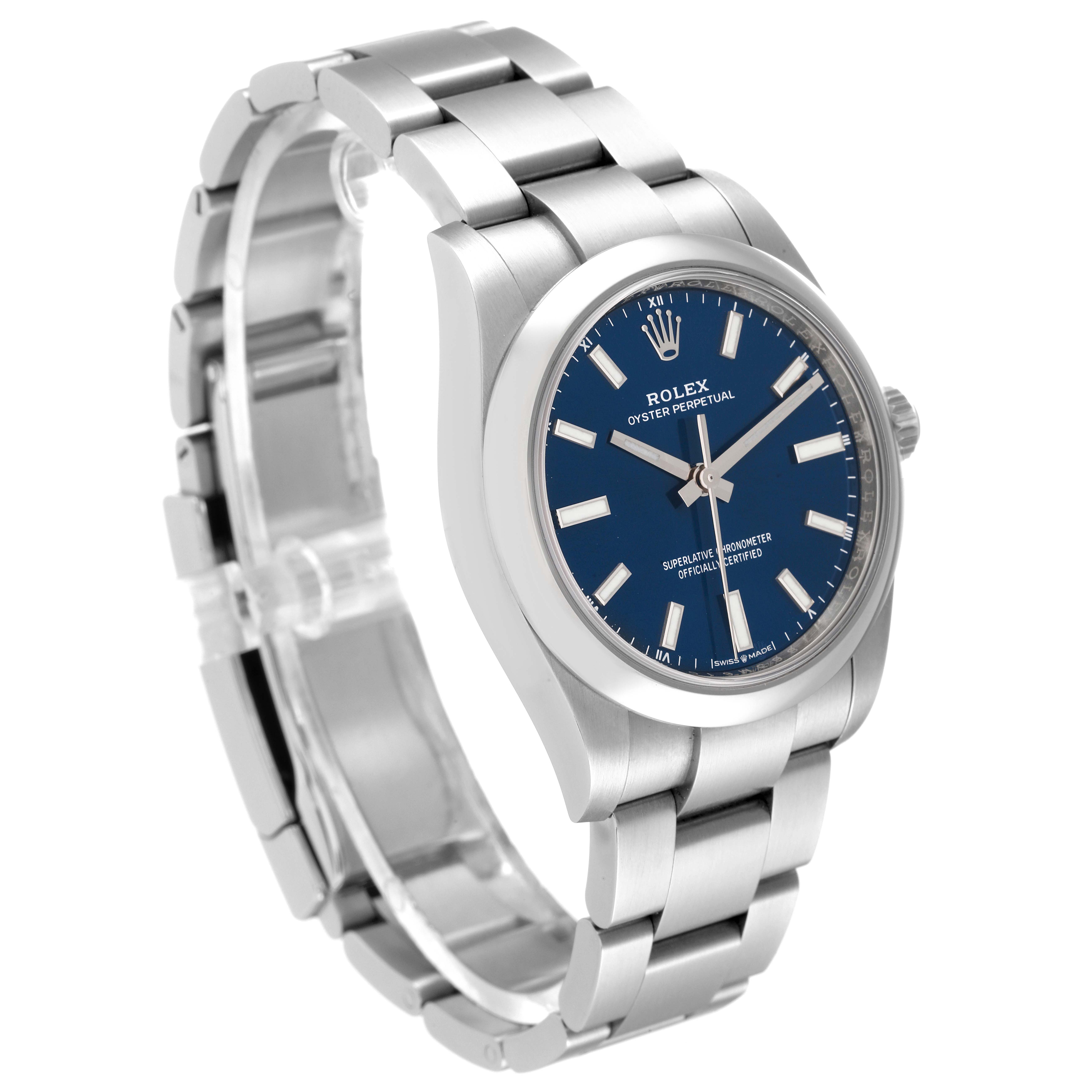 The image shows a side angle of a Rolex Oyster Perpetual 124200 Men's Stainless Steel Blue Dial 124200 Men's Stainless Steel Blue Dial watch, highlighting its stainless steel bracelet and blue dial.