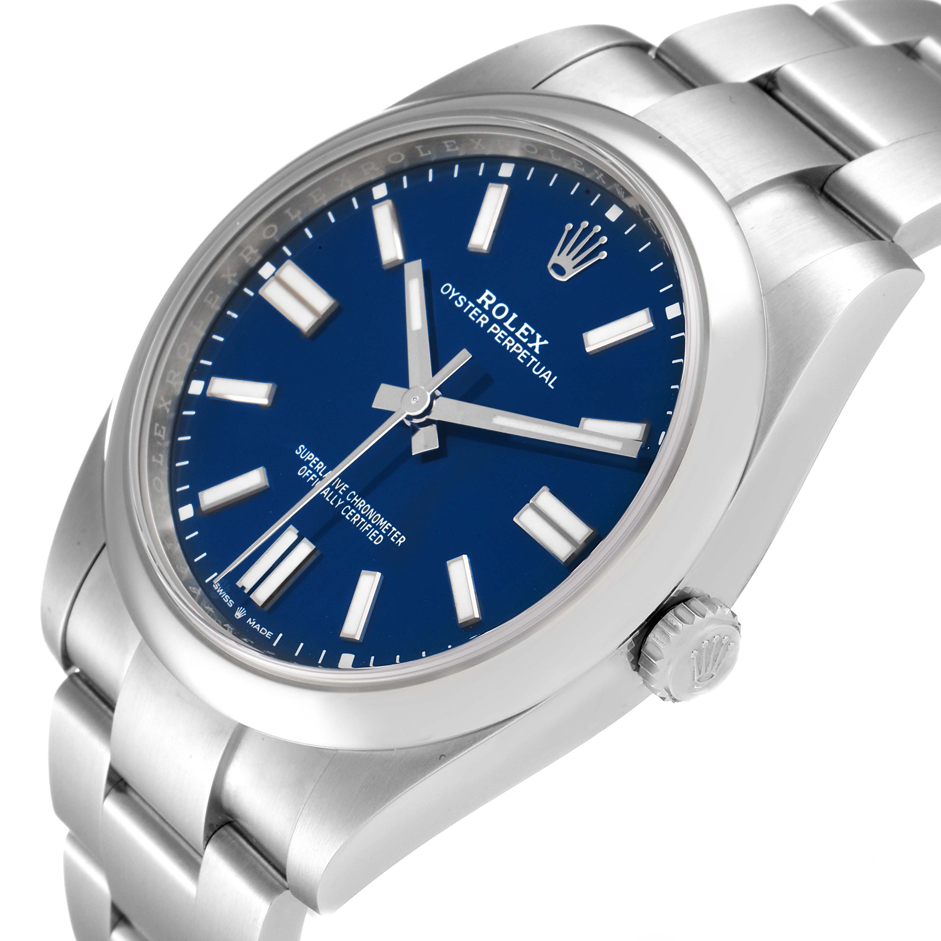 The image shows a side angle of a Rolex Oyster Perpetual 124300 Men
s Stainless Steel Blue Dial 124300 Men
s Stainless Steel Blue Dial watch, highlighting the dial, crown, and bracelet in detail.