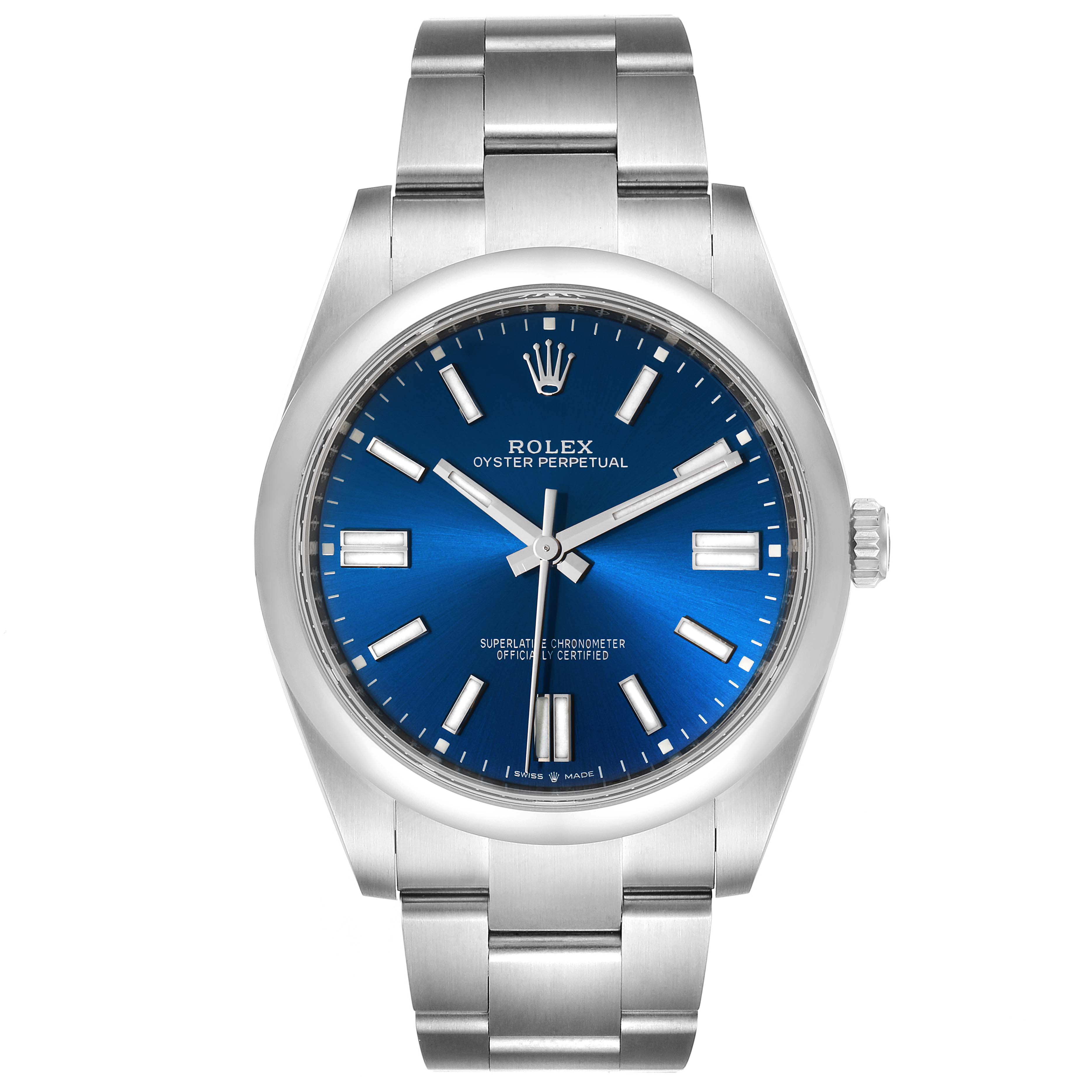 This Rolex Oyster Perpetual 124300 Men
s Stainless Steel Blue Dial 124300 Men
s Stainless Steel Blue Dial watch is shown from the front, highlighting its blue dial, case, and bracelet.