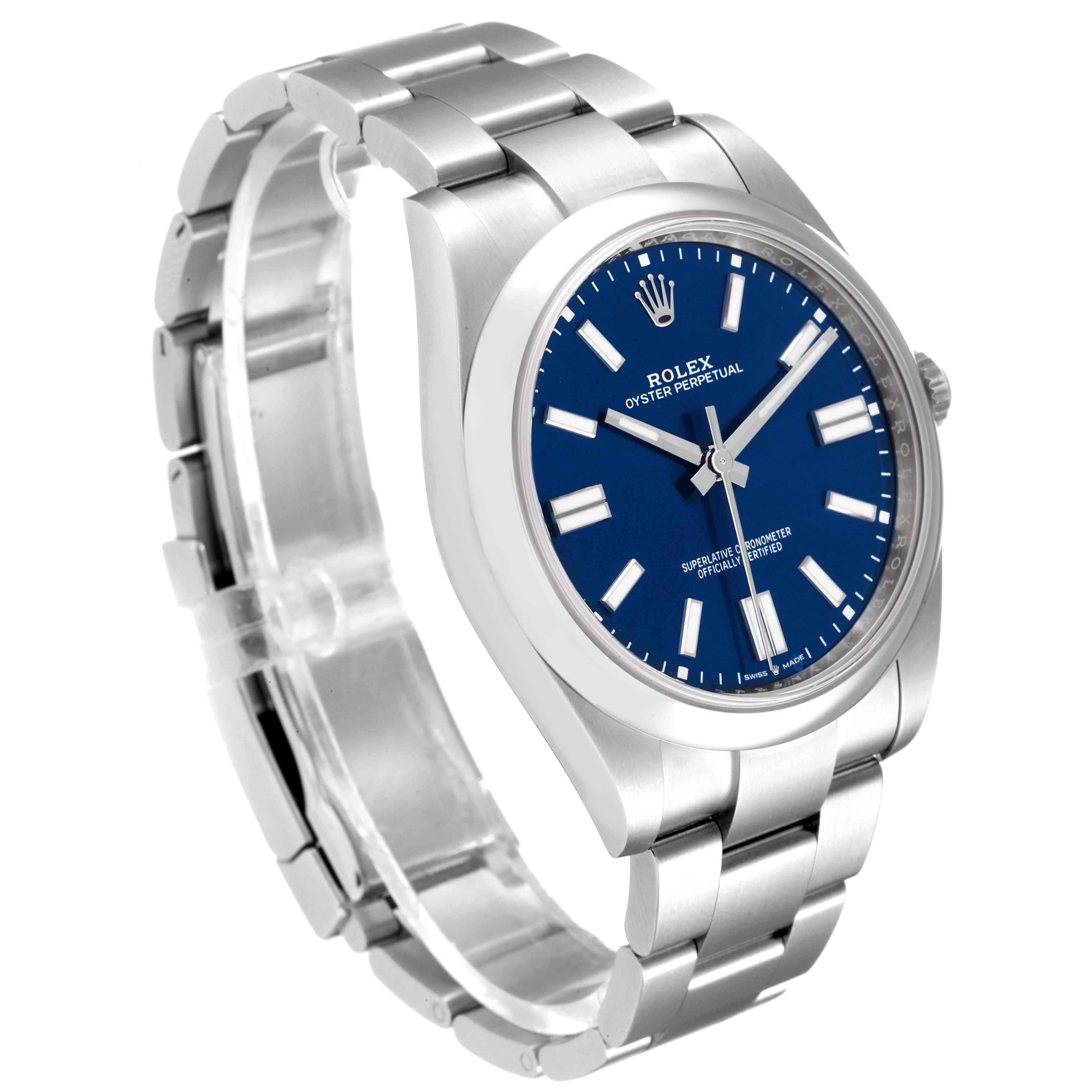 The Rolex Oyster Perpetual 124300 Men
s Stainless Steel Blue Dial 124300 Men
s Stainless Steel Blue Dial watch is shown at a slight angle, highlighting its blue dial, silver bracelet, and crown logo.
