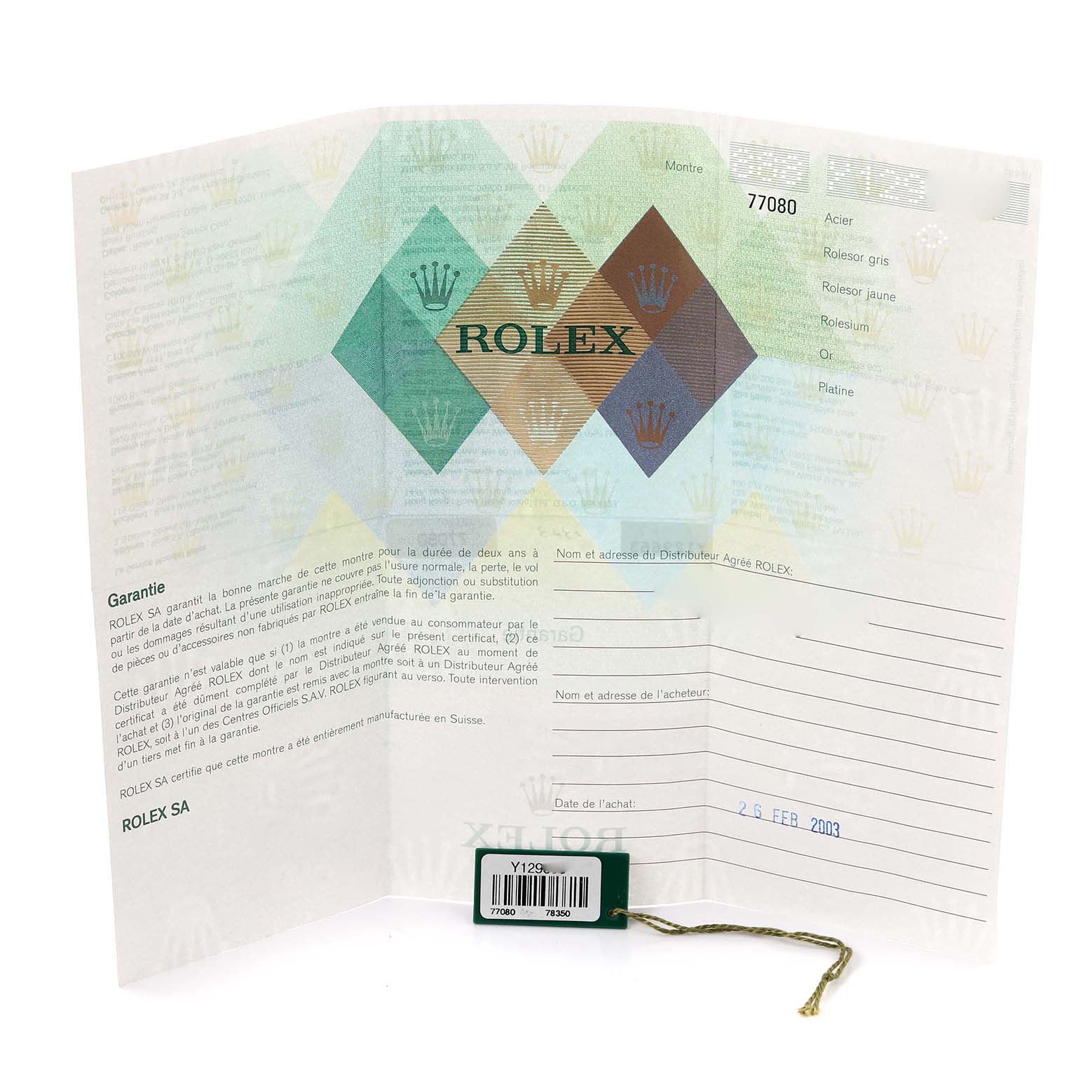 The image shows a Rolex warranty certificate, featuring official branding and details.