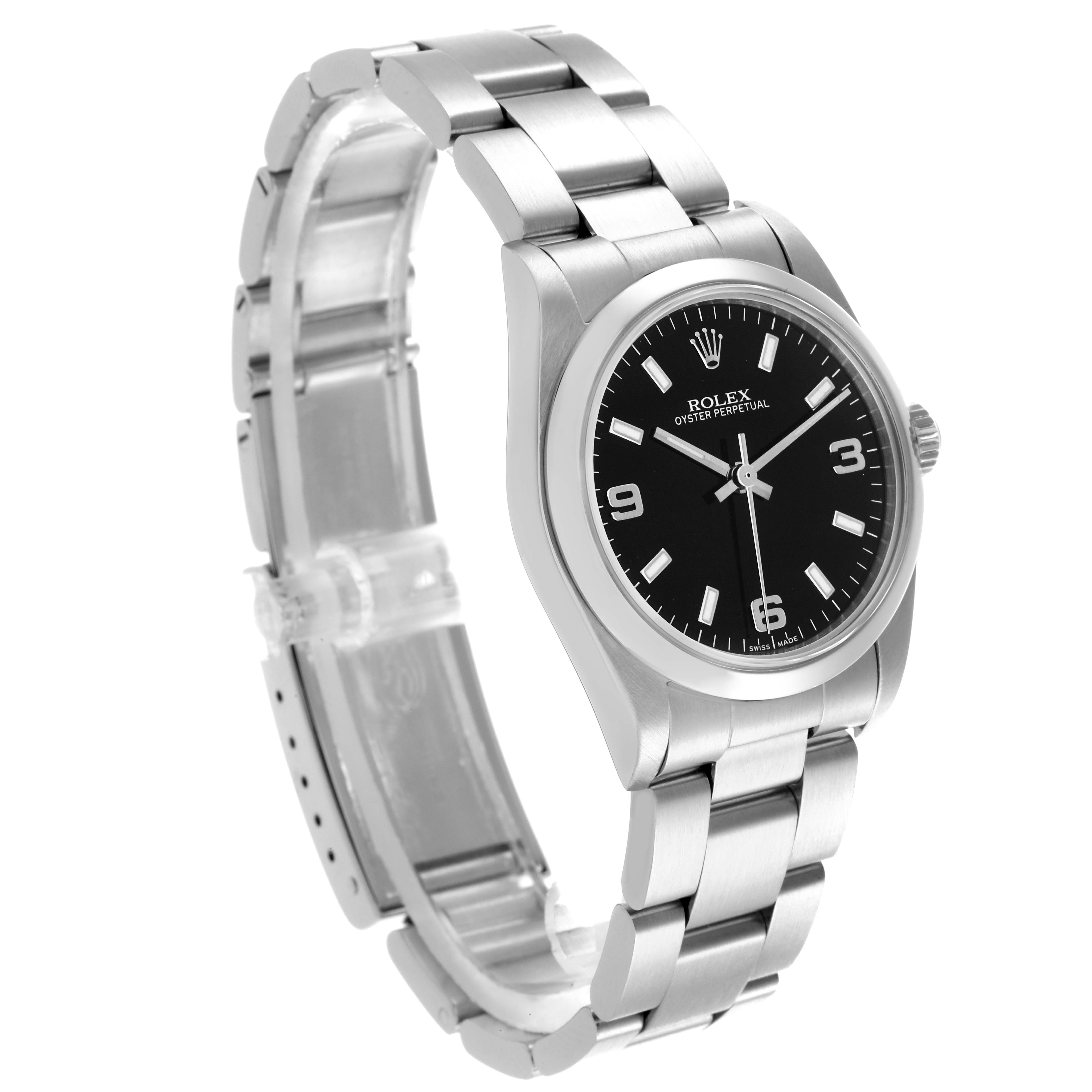 The Rolex Mid-Size 77080 Women's Stainless Steel Black Dial 77080 Women's Stainless Steel Black Dial watch is shown at a slight angle, displaying the bracelet, case, and face fully.