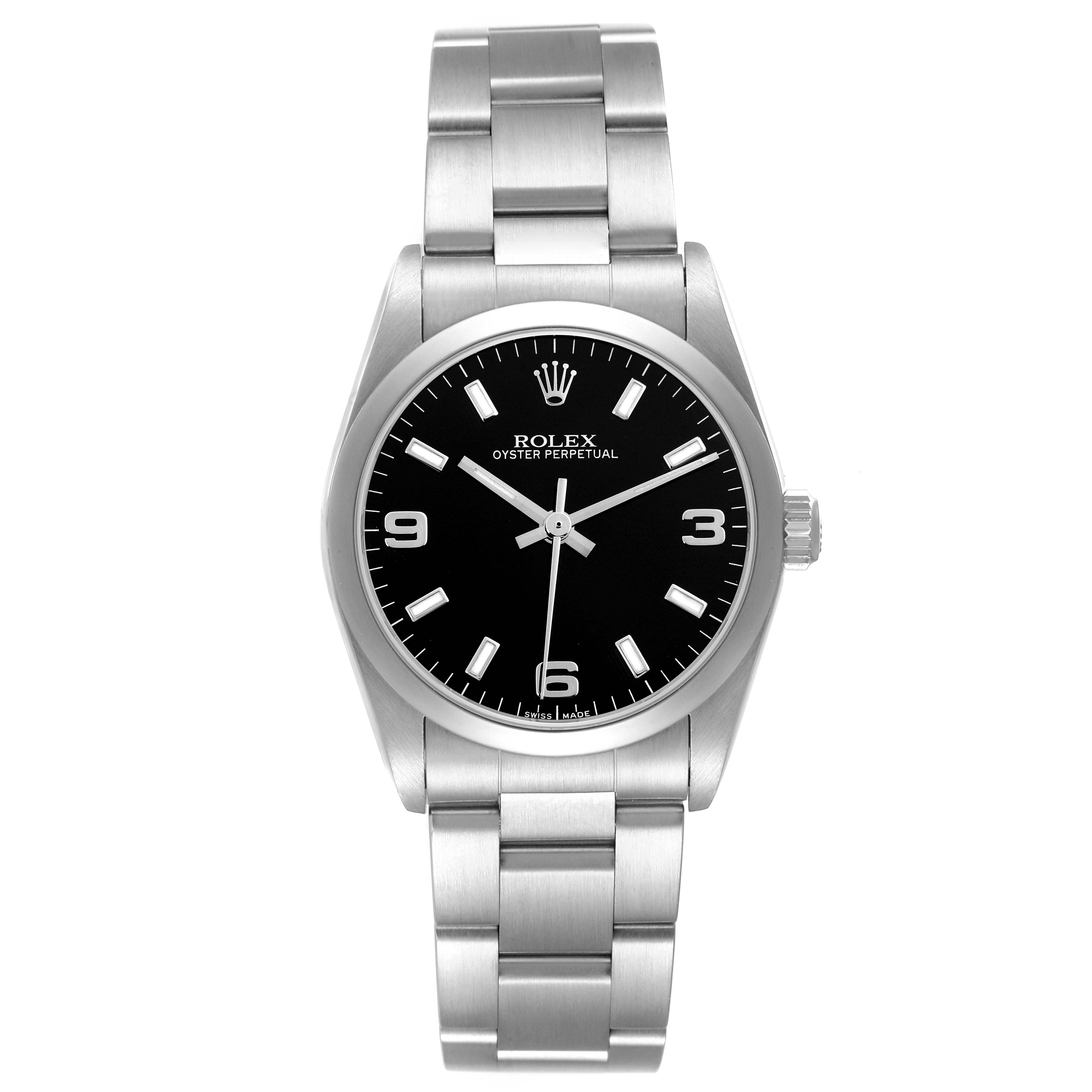 The Rolex Mid-Size 77080 Women's Stainless Steel Black Dial 77080 Women's Stainless Steel Black Dial watch is shown from a top-down angle, displaying the bracelet and black dial with silver markers.