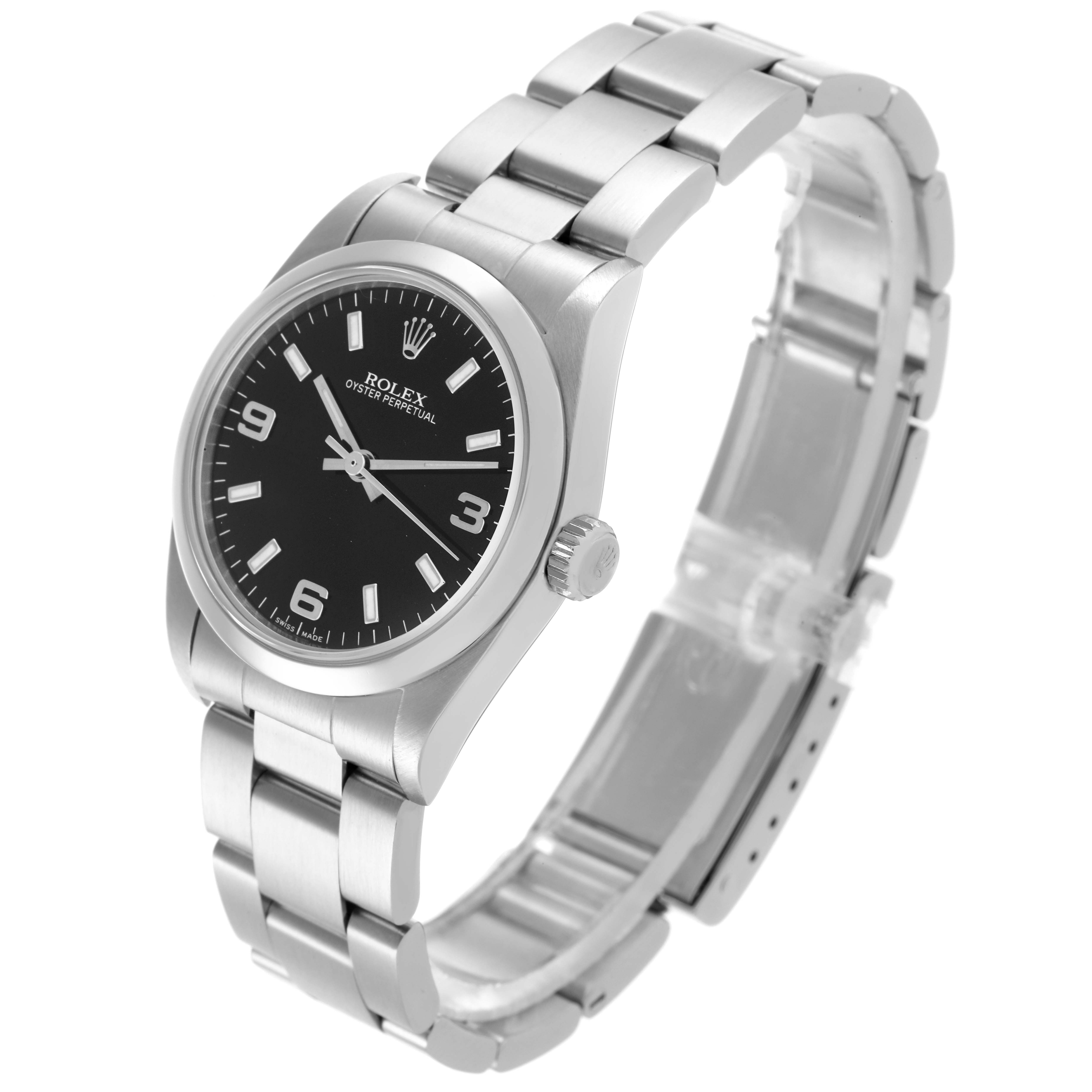 The Rolex Mid-Size 77080 Women's Stainless Steel Black Dial 77080 Women's Stainless Steel Black Dial model watch is shown at an angled view highlighting the dial, case, and bracelet.