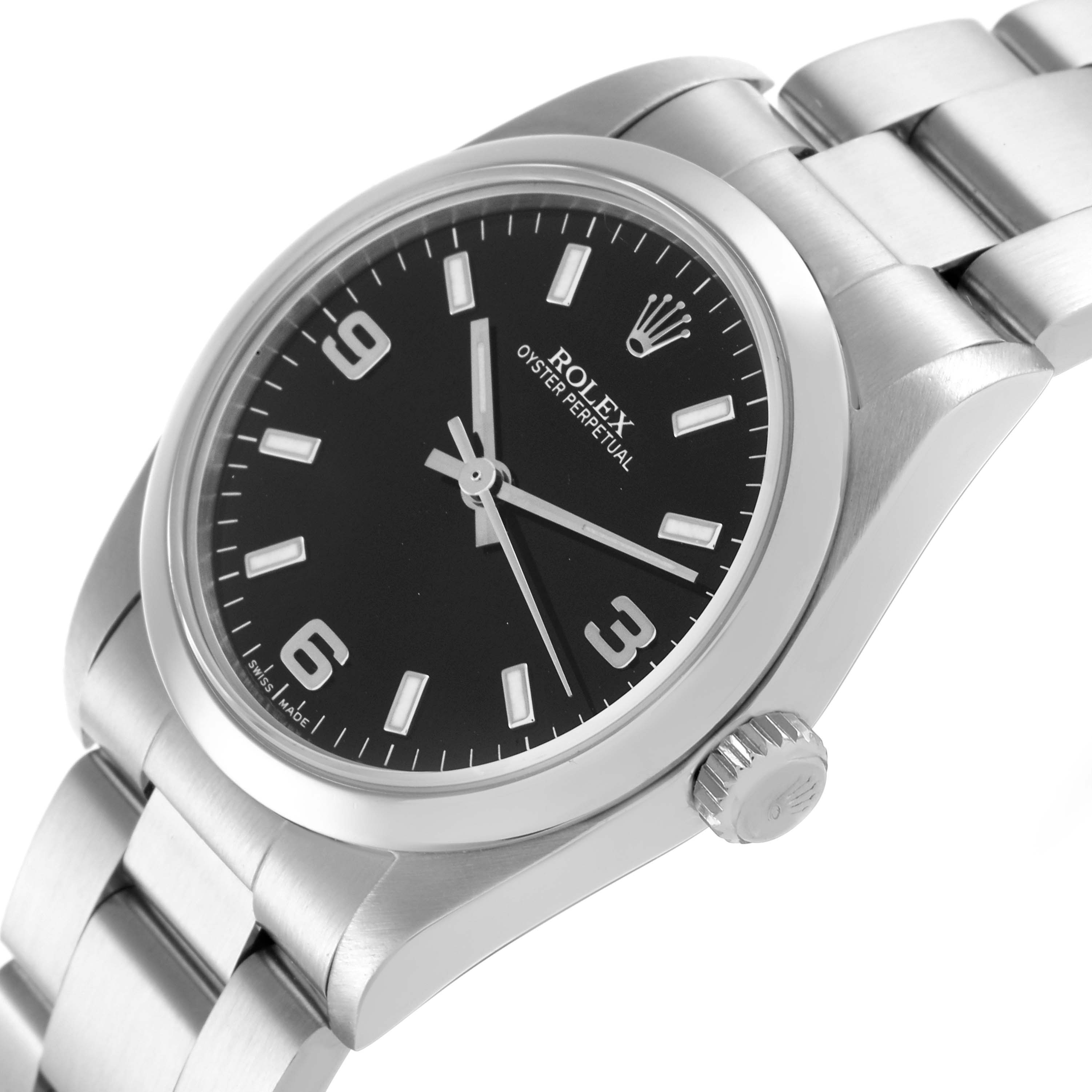 The Rolex Mid-Size 77080 Women's Stainless Steel Black Dial 77080 Women's Stainless Steel Black Dial Oyster Perpetual watch is shown at an angled view highlighting the dial, bezel, crown, and bracelet.