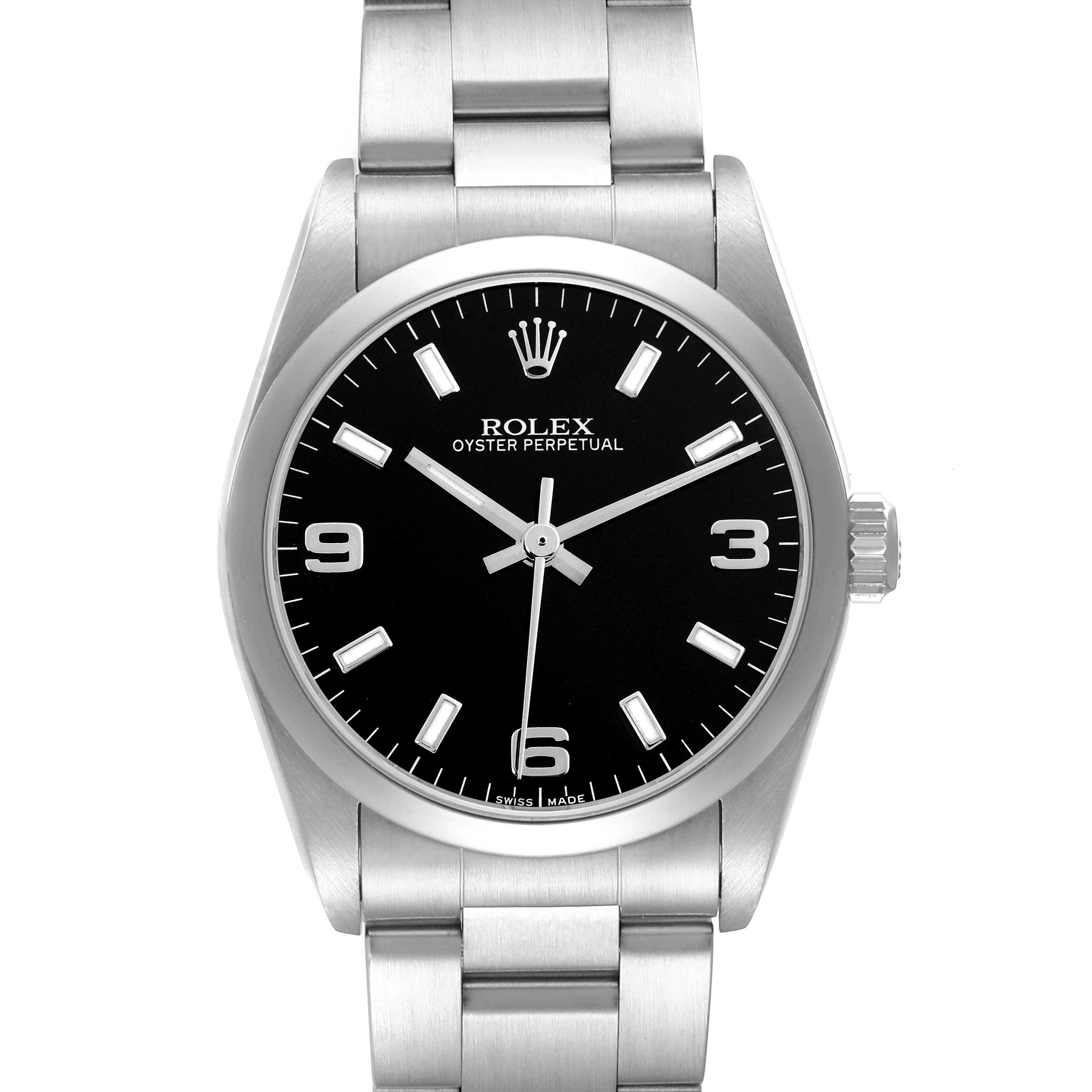 The Rolex Oyster Perpetual Mid-Size watch is shown front-facing, displaying the dial, bezel, and bracelet.