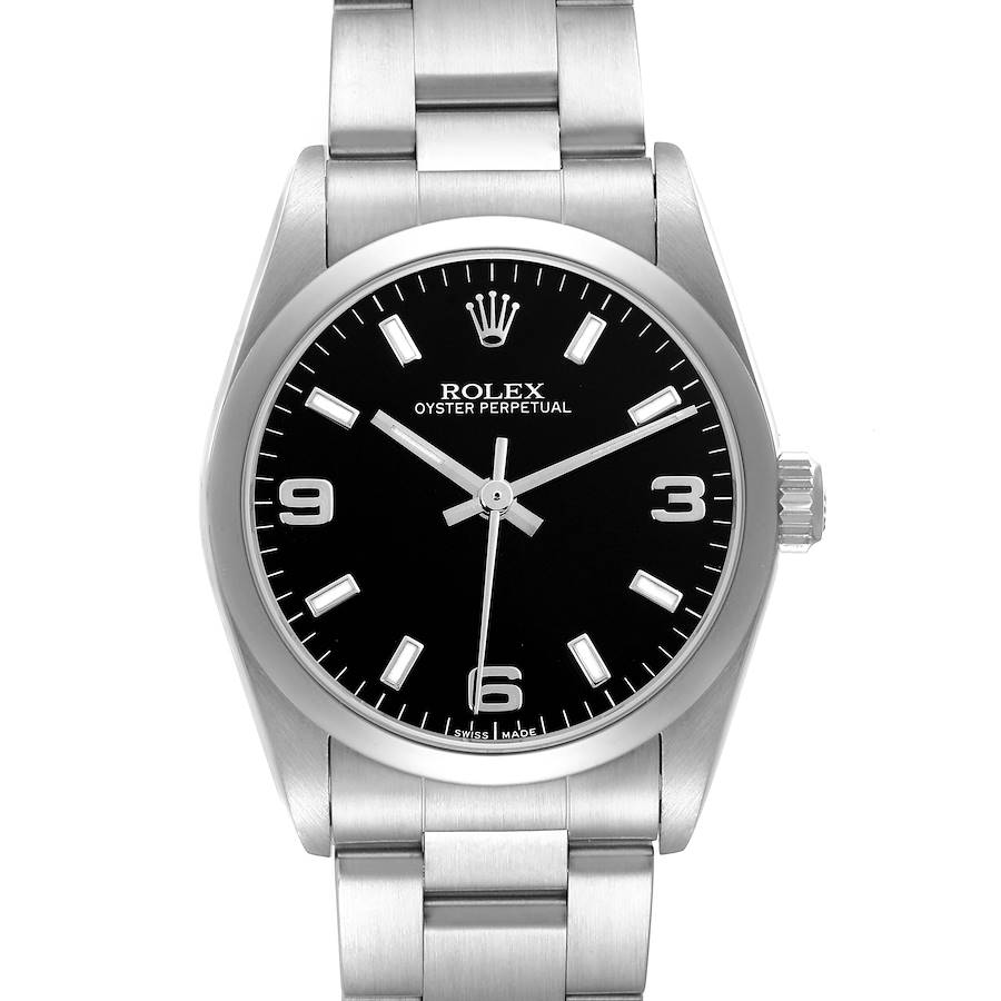 The Rolex Oyster Perpetual Mid-Size watch is shown front-facing, displaying the dial, bezel, and bracelet.