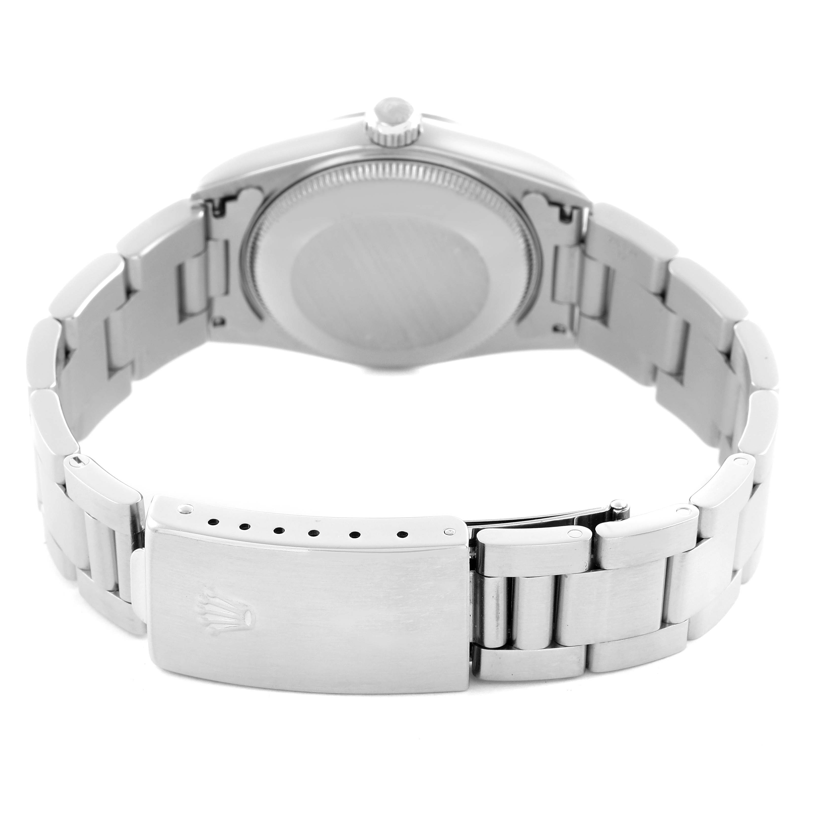 The image shows the back case and bracelet clasp of a Rolex Mid-Size 77080 Women's Stainless Steel Black Dial 77080 Women's Stainless Steel Black Dial watch from a rear angle.