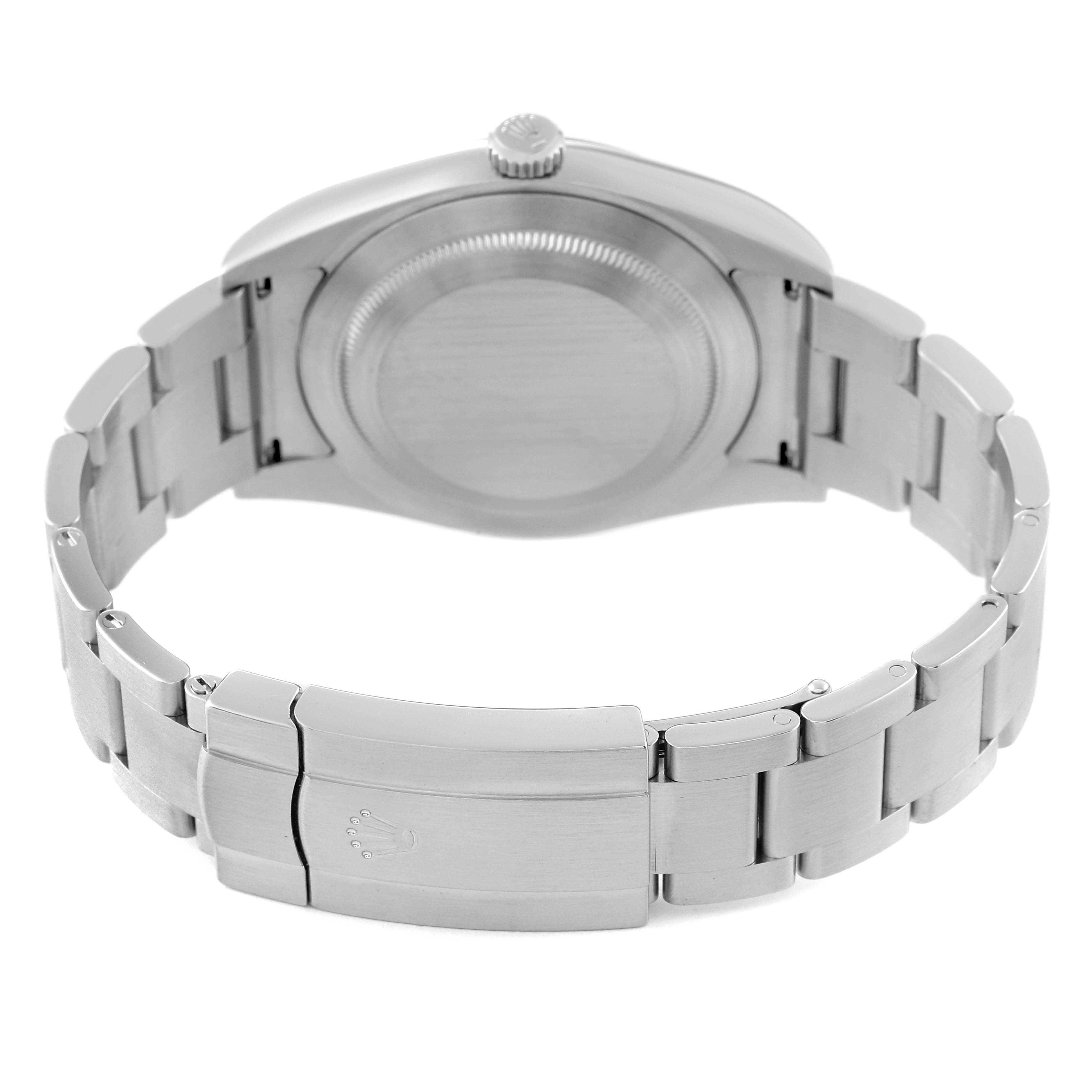 This image shows the back side of a Rolex Oyster Perpetual 114300 Men's Stainless Steel Silver Dial 114300 Men's Stainless Steel Silver Dial watch, highlighting the bracelet, clasp, and case back.