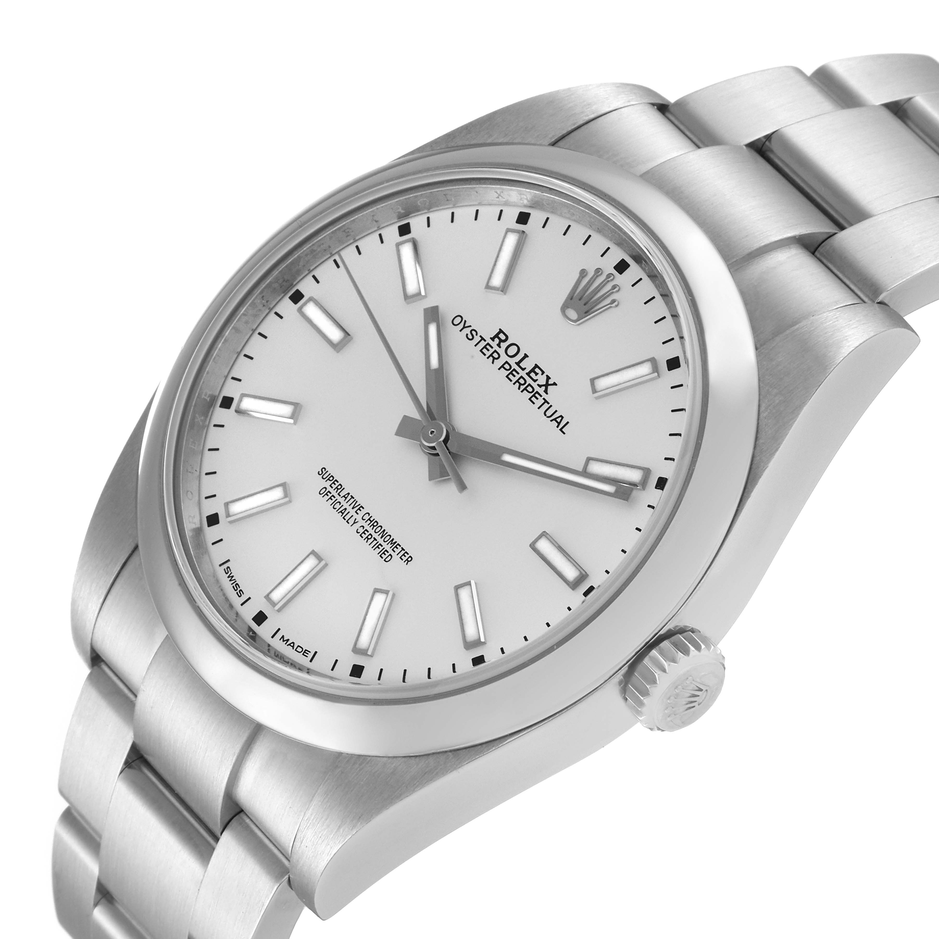 The image shows a Rolex Oyster Perpetual 114300 Men's Stainless Steel Silver Dial 114300 Men's Stainless Steel Silver Dial watch from an angled view, highlighting the dial, bezel, case, and bracelet.