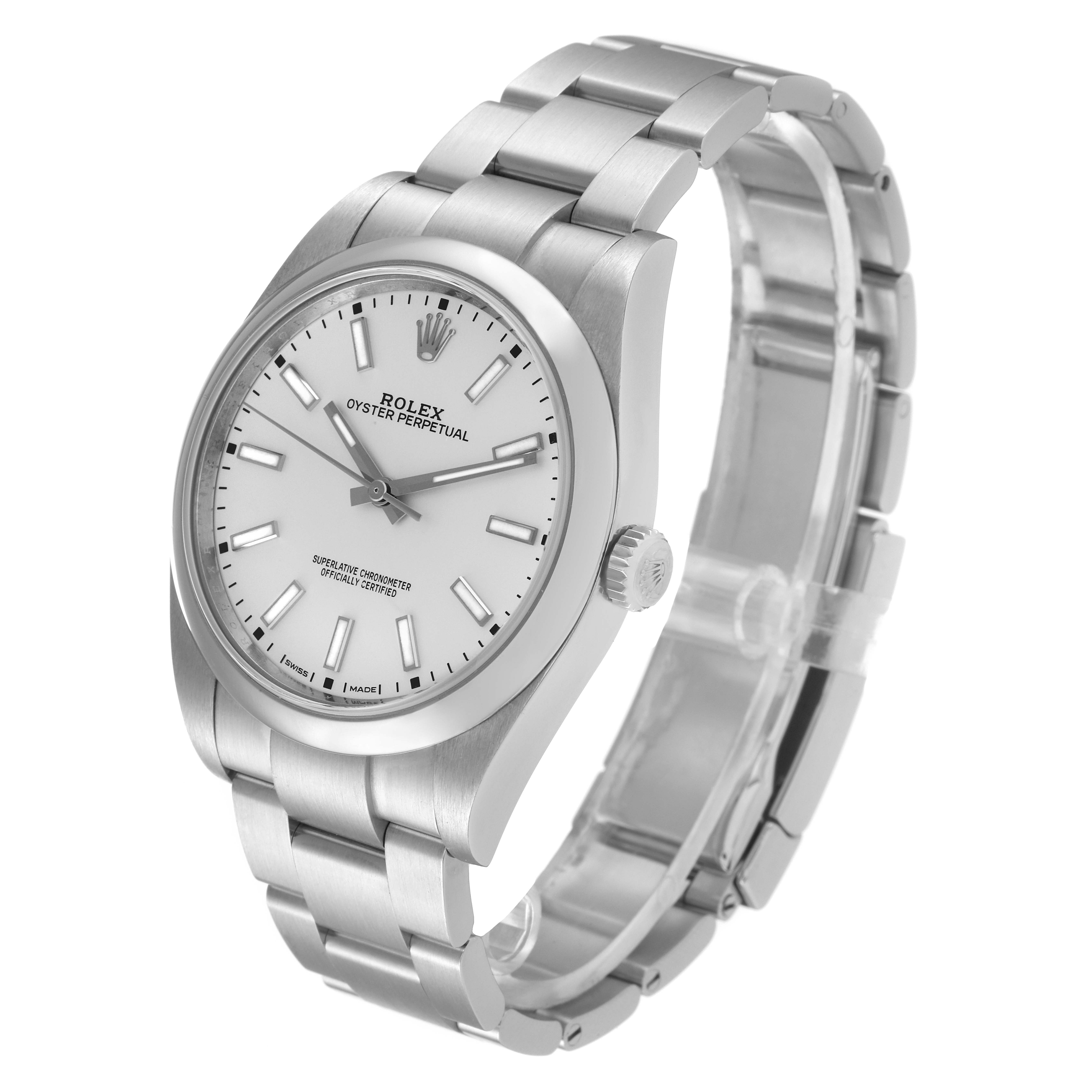 The Rolex Oyster Perpetual 114300 Men's Stainless Steel Silver Dial 114300 Men's Stainless Steel Silver Dial watch is shown at a three-quarter angle, displaying the face, bezel, crown, and bracelet.