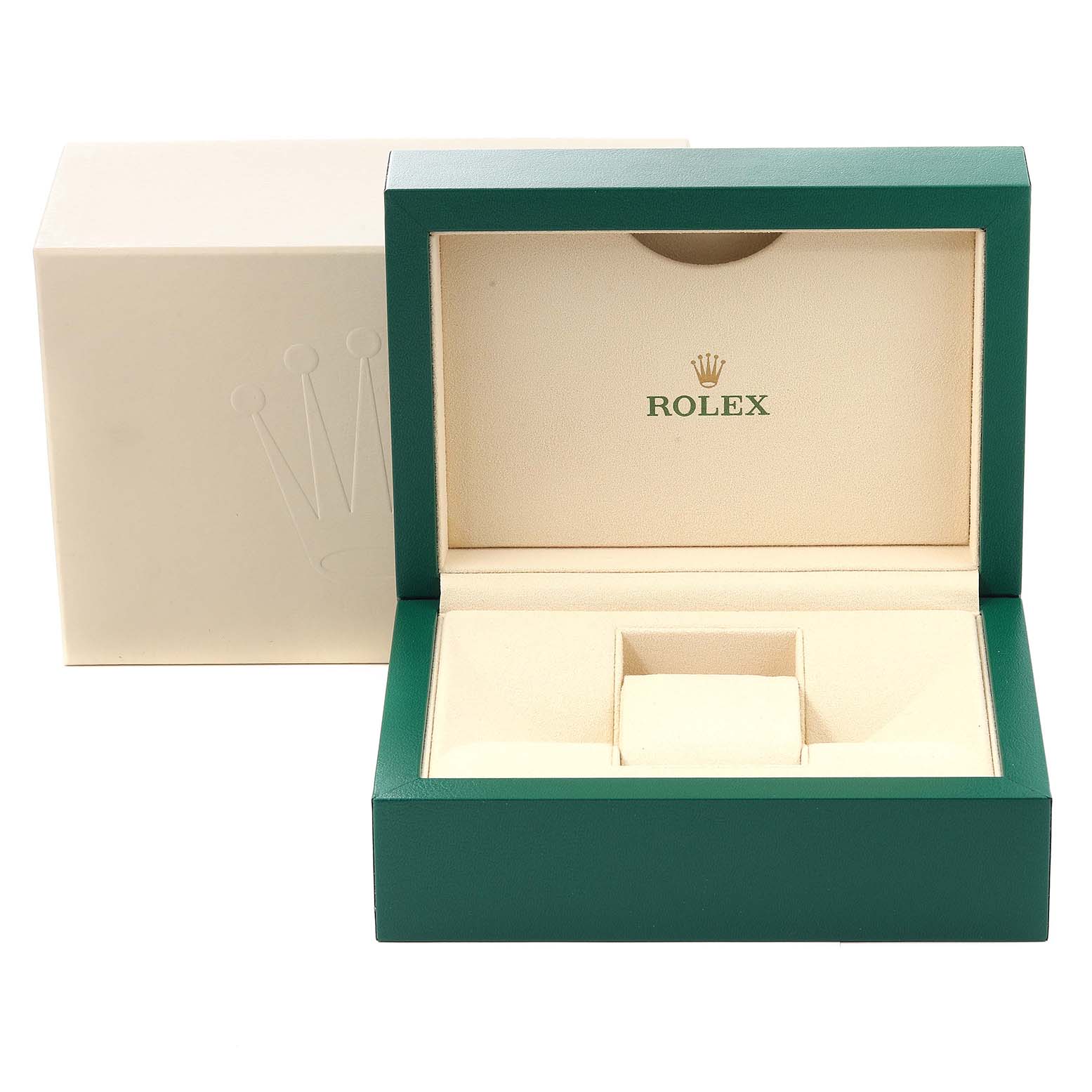The image shows the open box of a Rolex Oyster Perpetual 114300 Men's Stainless Steel Silver Dial 114300 Men's Stainless Steel Silver Dial watch, displaying the inner cushion and compartments.
