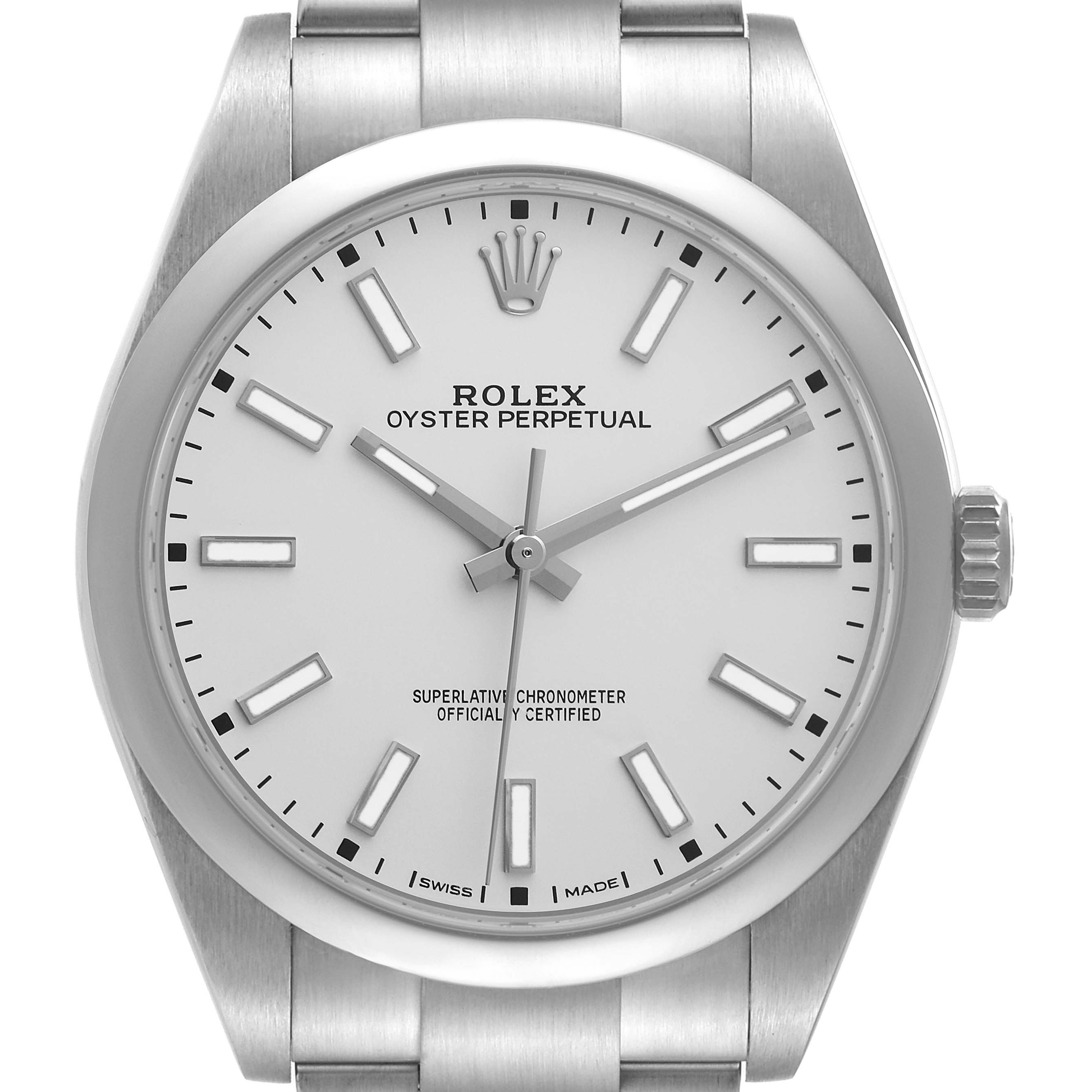 The image shows a frontal view of the Rolex Oyster Perpetual 114300 Men's Stainless Steel Silver Dial 114300 Men's Stainless Steel Silver Dial watch, highlighting its dial, hands, and bracelet top links.