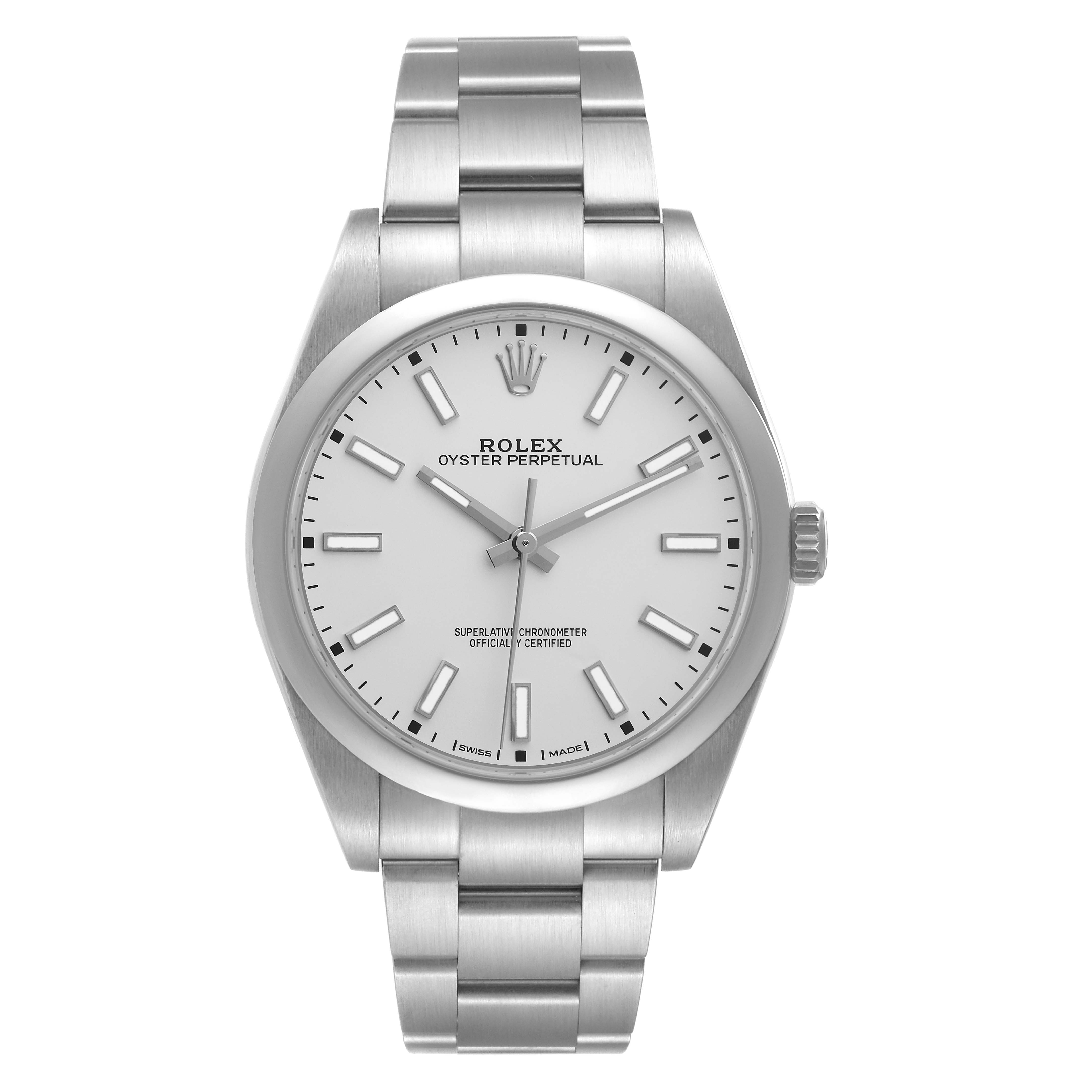 This image shows a front view of the Rolex Oyster Perpetual 114300 Men's Stainless Steel Silver Dial 114300 Men's Stainless Steel Silver Dial watch, featuring its face, bracelet, and crown.