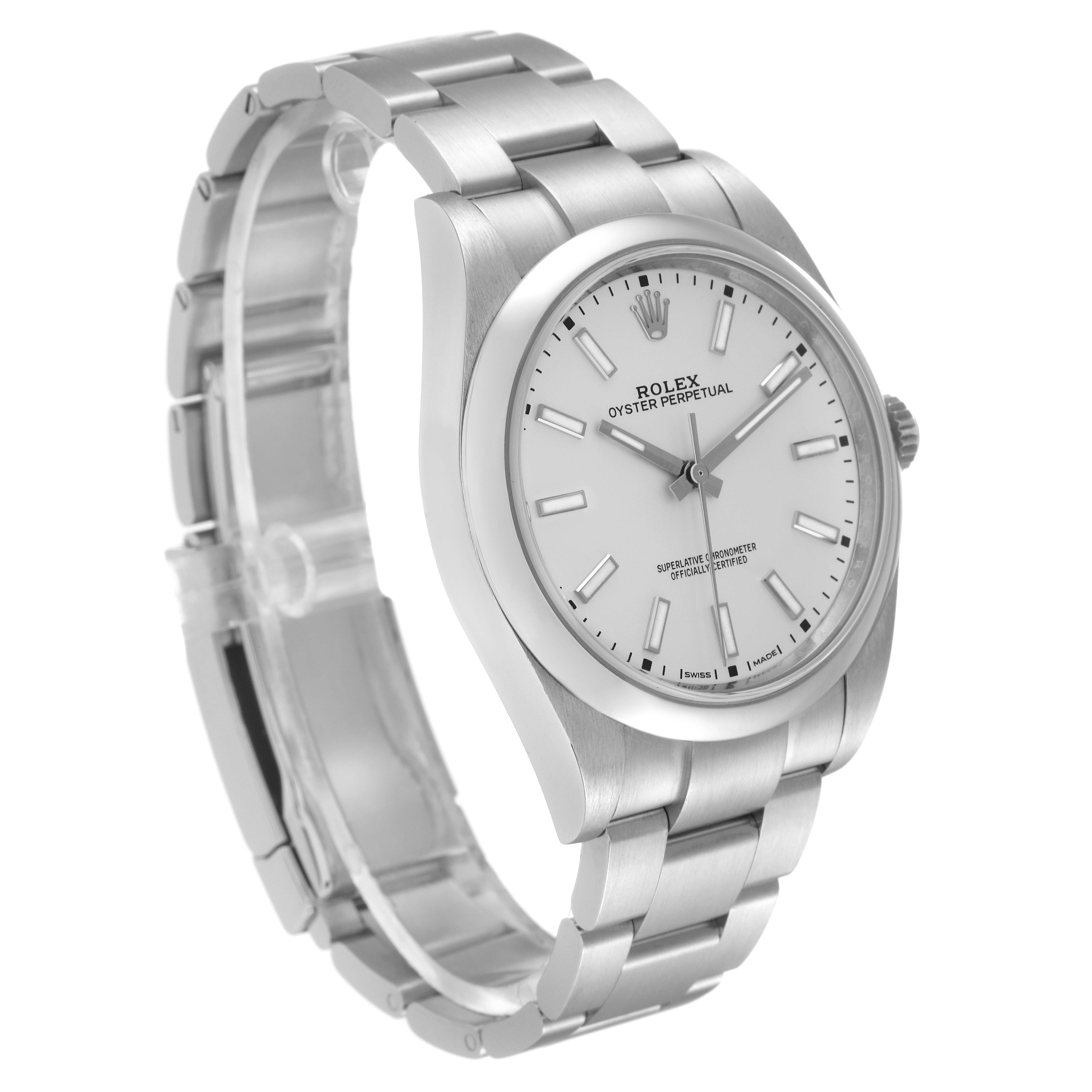 The Rolex Oyster Perpetual 114300 Men's Stainless Steel Silver Dial 114300 Men's Stainless Steel Silver Dial watch is shown at a three-quarter angle, highlighting its silver bracelet, crown, and white dial.