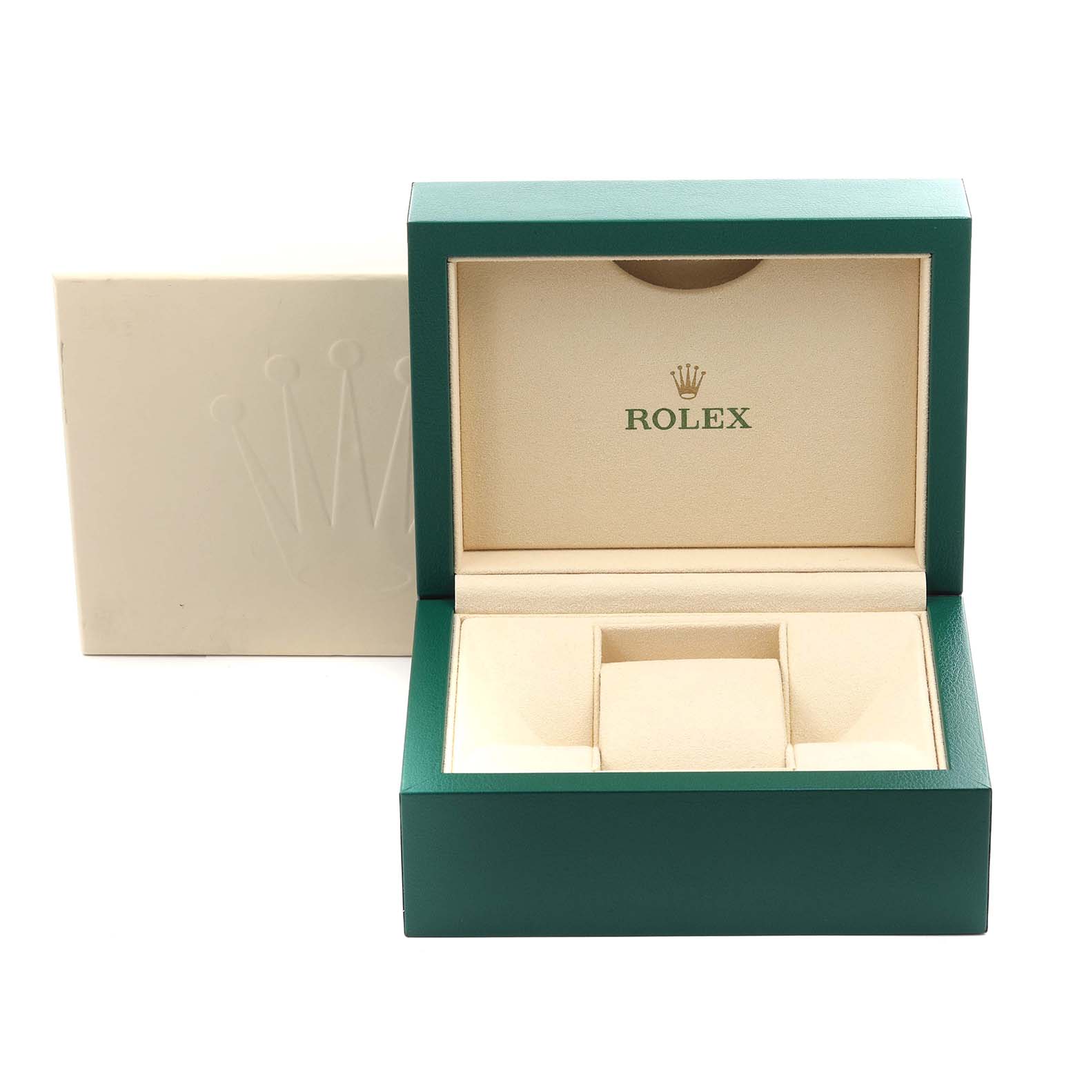 The image shows an open Rolex Oyster Perpetual 116000 Men's Stainless Steel Purple Dial watch box, with a green and beige exterior and interior.