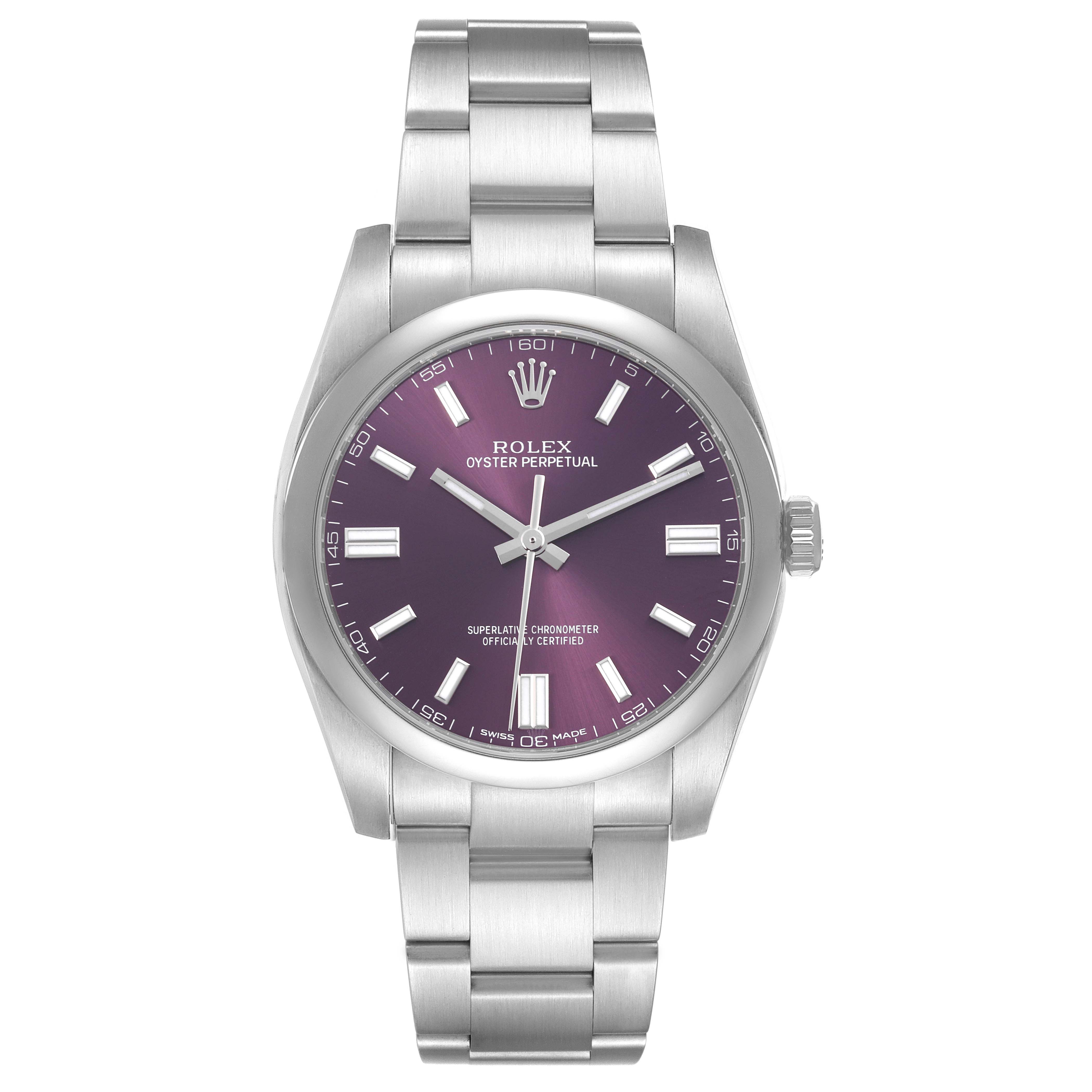The Rolex Oyster Perpetual 116000 Men's Stainless Steel Purple Dial watch is shown from a front angle, displaying its bracelet, dial, and case.