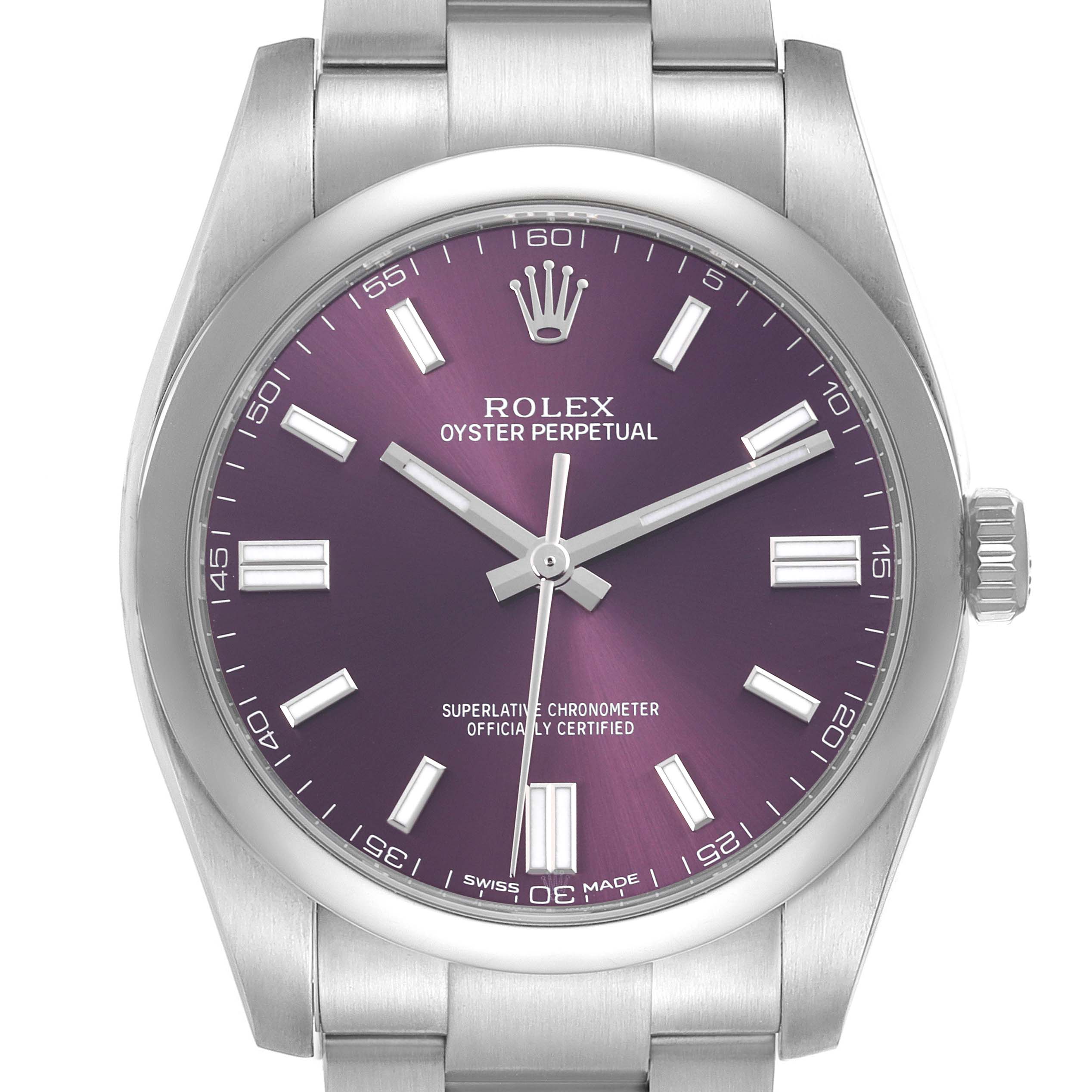 The image shows a front view of the Rolex Oyster Perpetual 116000 Men's Stainless Steel Purple Dial watch, highlighting its purple dial and silver hands.