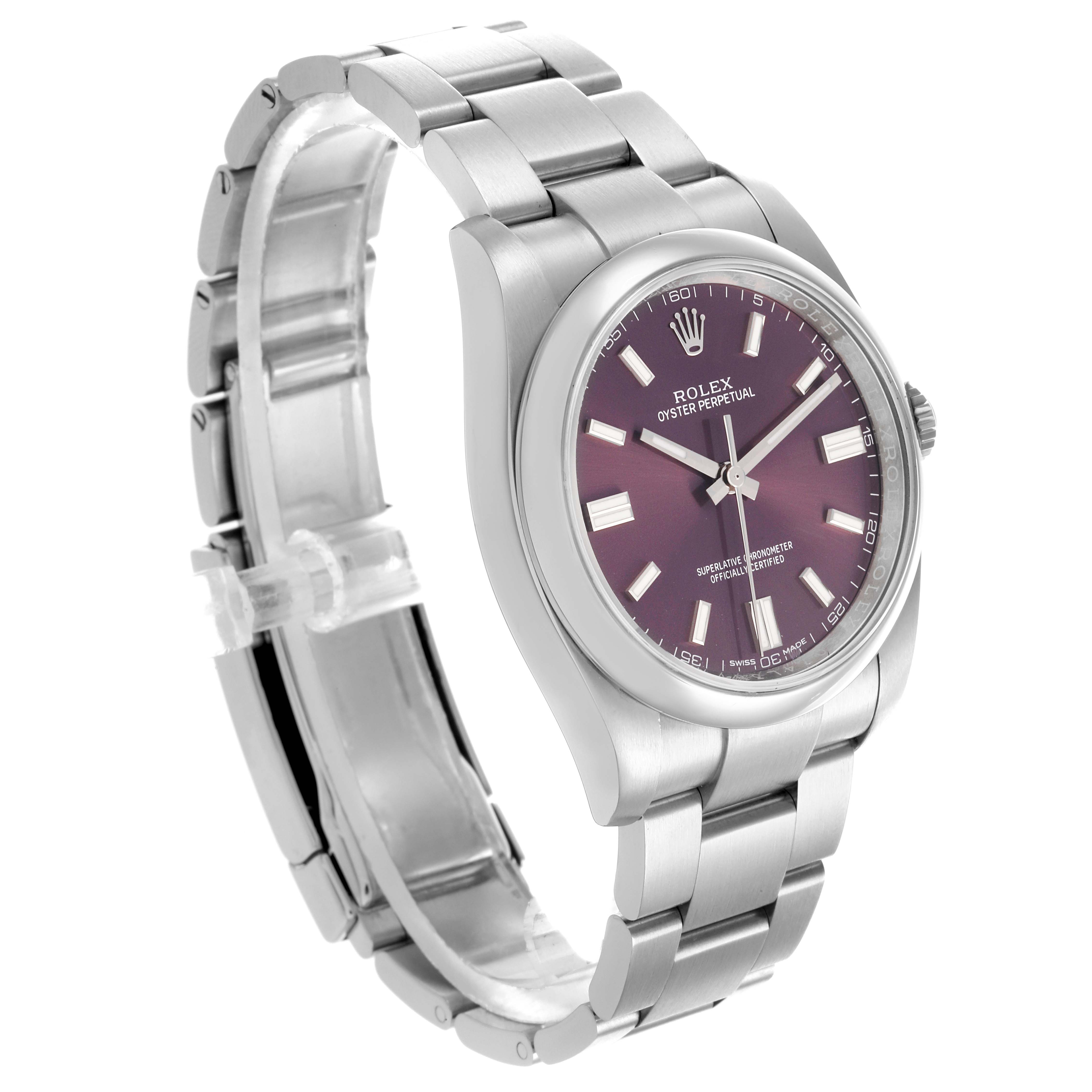 The Rolex Oyster Perpetual 116000 Men's Stainless Steel Purple Dial watch is shown at an angled side view, highlighting its metal bracelet and purple dial.