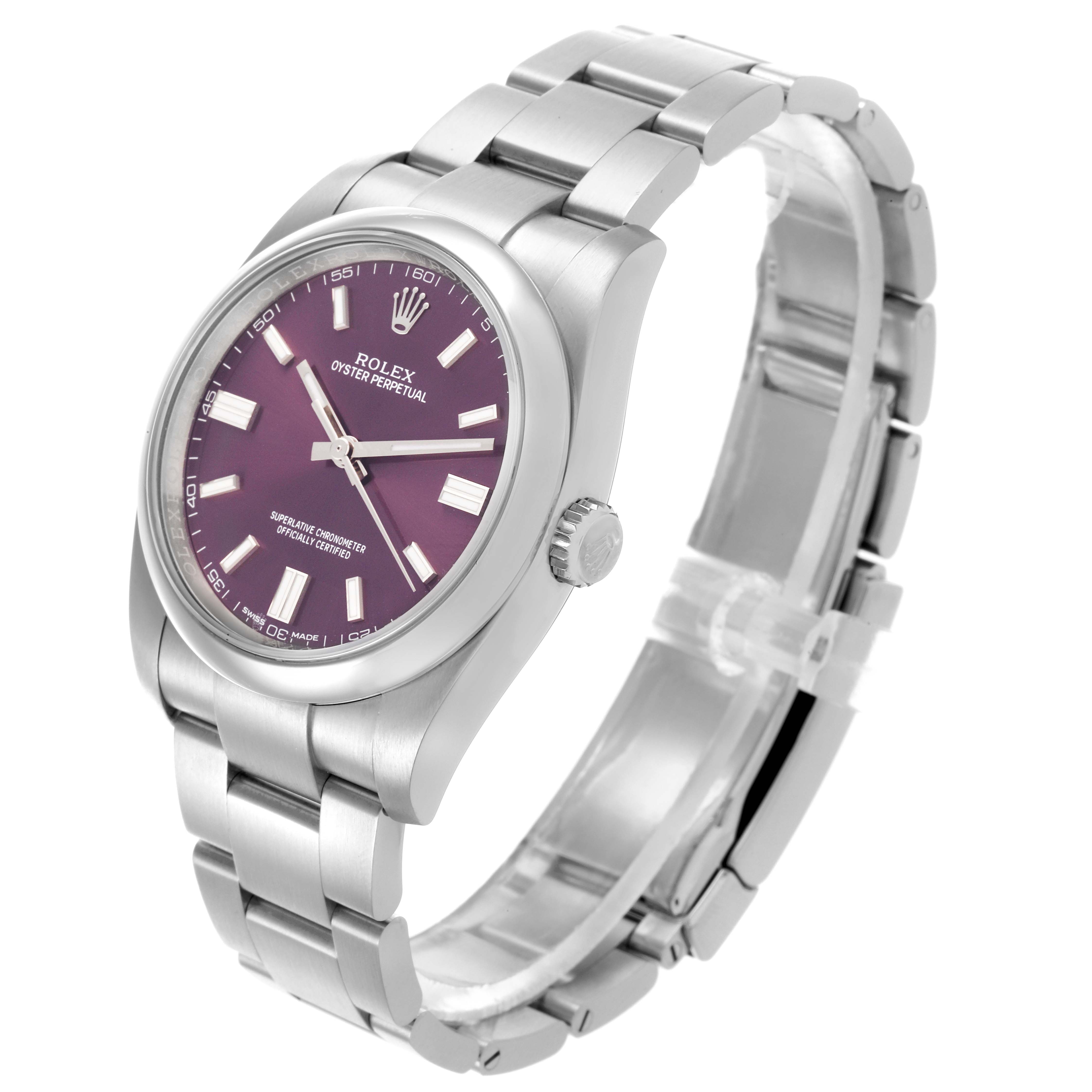 The Rolex Oyster Perpetual 116000 Men's Stainless Steel Purple Dial watch is shown at a slight angle, highlighting its dial, bezel, crown, and bracelet.