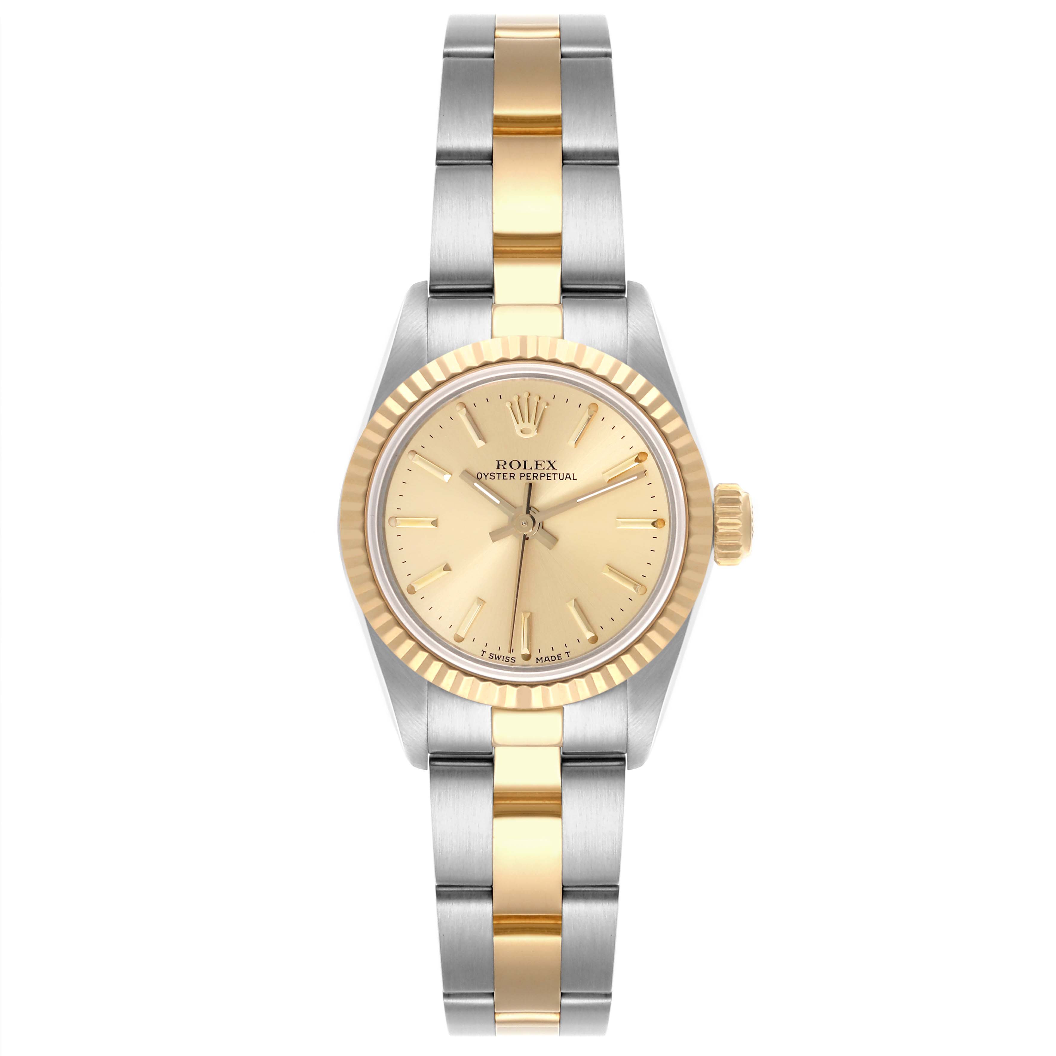 This image shows a Rolex Oyster Perpetual 67193 Women's Steel and Gold (two tone) Champagne Dial 67193 Women's Steel and Gold (two tone) Champagne Dial watch from a front view, highlighting the face, bezel, and two-tone bracelet.