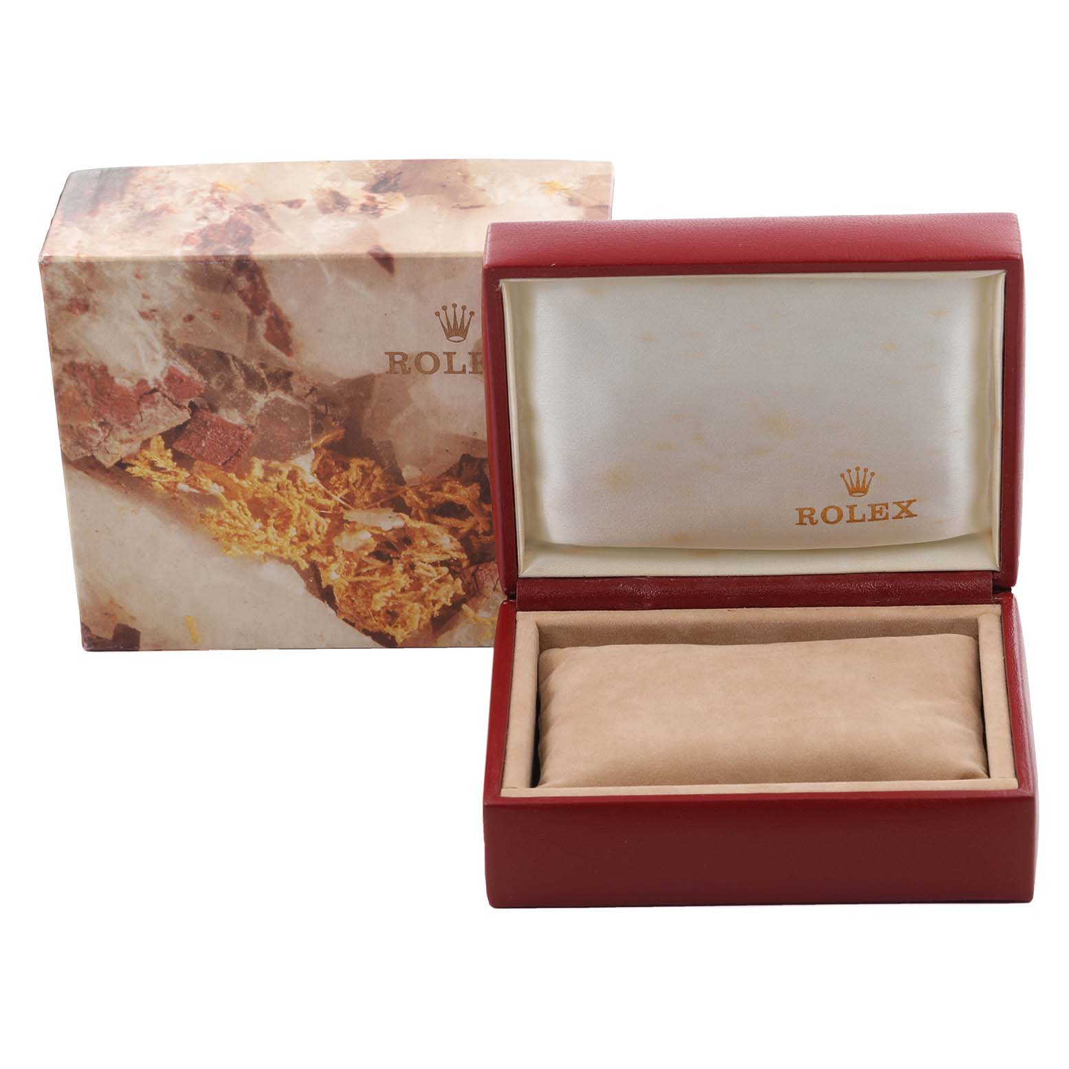 The image shows an empty Rolex Oyster Perpetual 67193 Women's Steel and Gold (two tone) Champagne Dial 67193 Women's Steel and Gold (two tone) Champagne Dial watch box and its outer packaging.