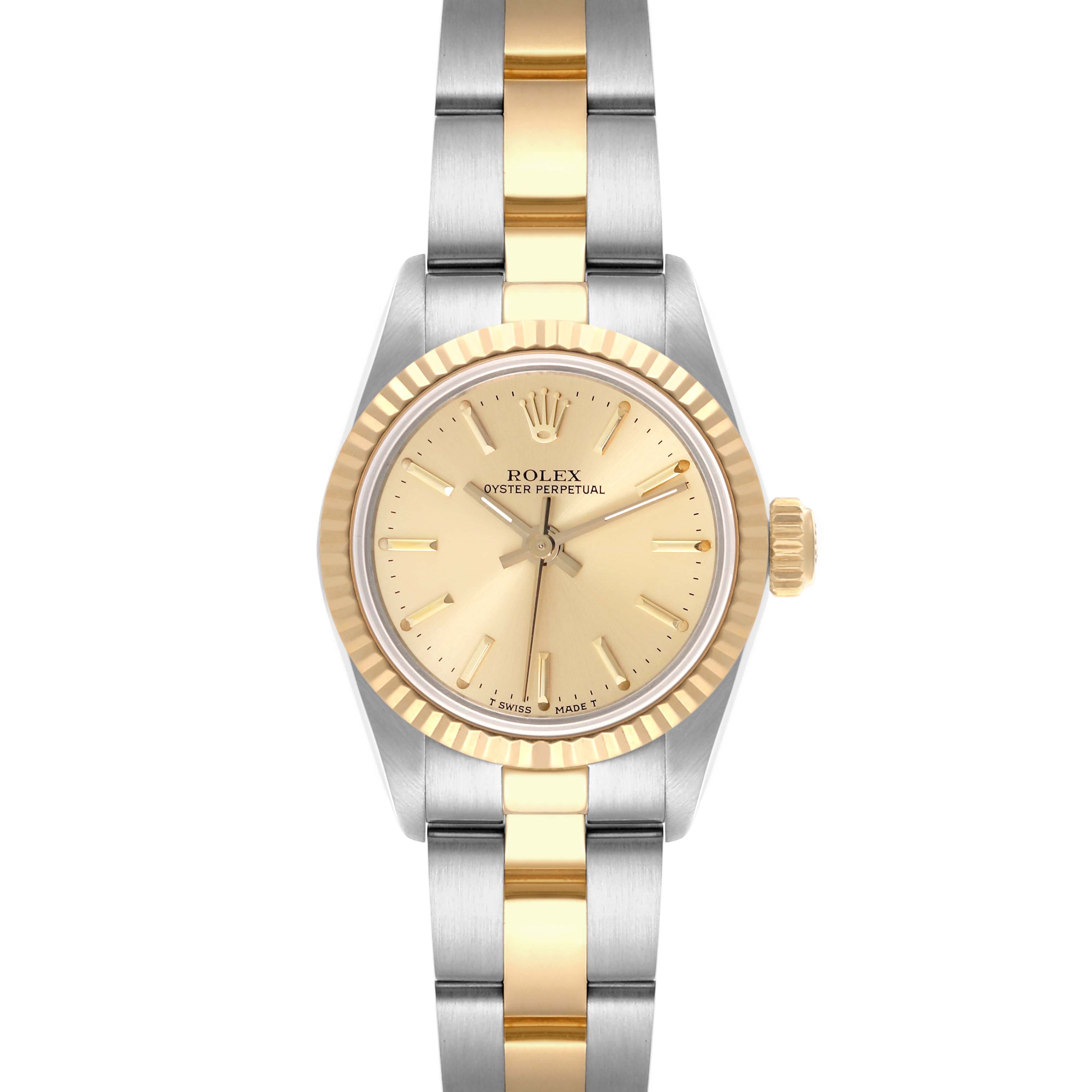 The Rolex Oyster Perpetual 67193 Women's Steel and Gold (two tone) Champagne Dial 67193 Women's Steel and Gold (two tone) Champagne Dial watch is shown from a front angle, highlighting its gold dial, bezel, and two-tone bracelet.
