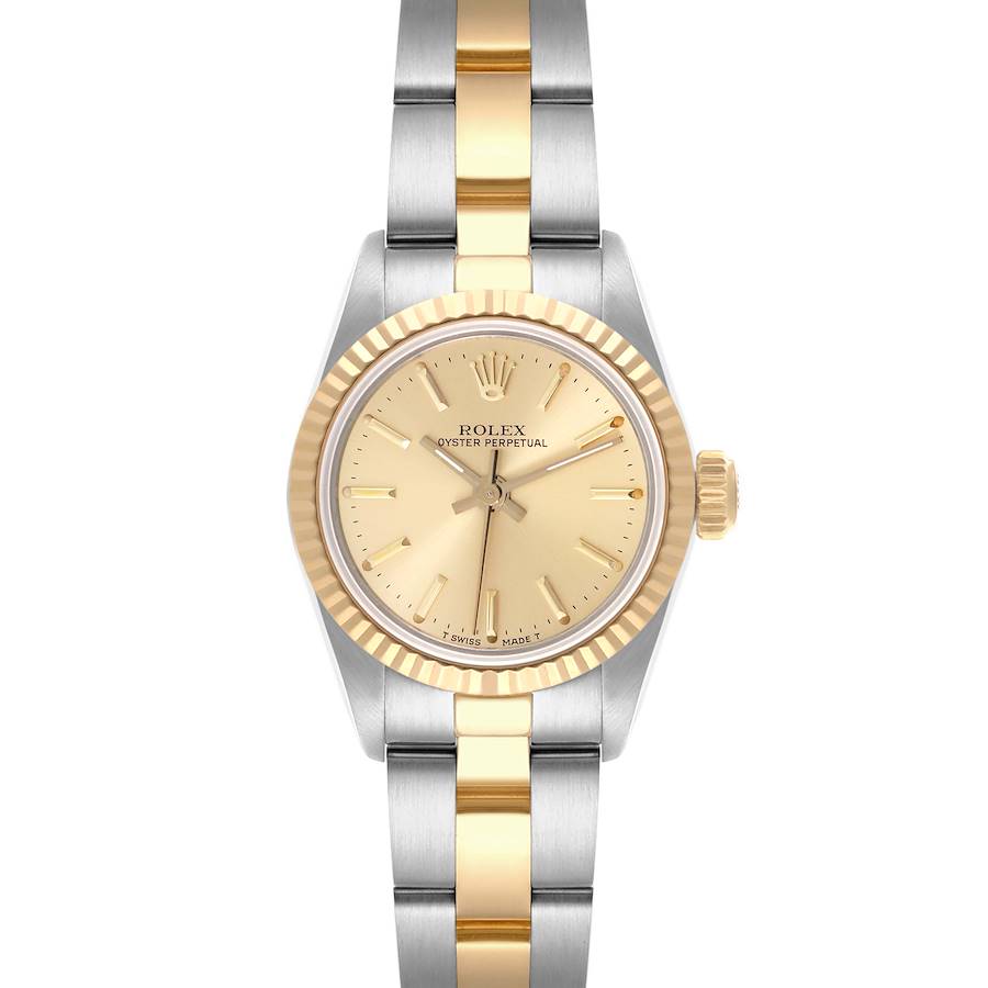 The Rolex Oyster Perpetual watch is shown from a front angle, highlighting its gold dial, bezel, and two-tone bracelet.