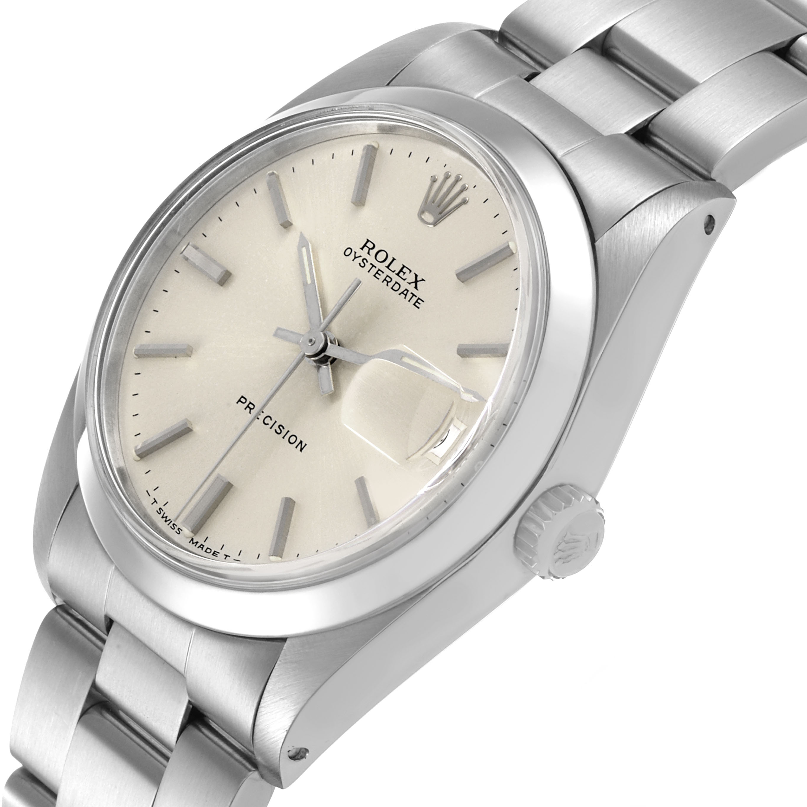 The Rolex Vintage Collection 6694 Men's Stainless Steel Silver Dial watch is viewed at an angle showing the dial, bezel, crown, and bracelet.