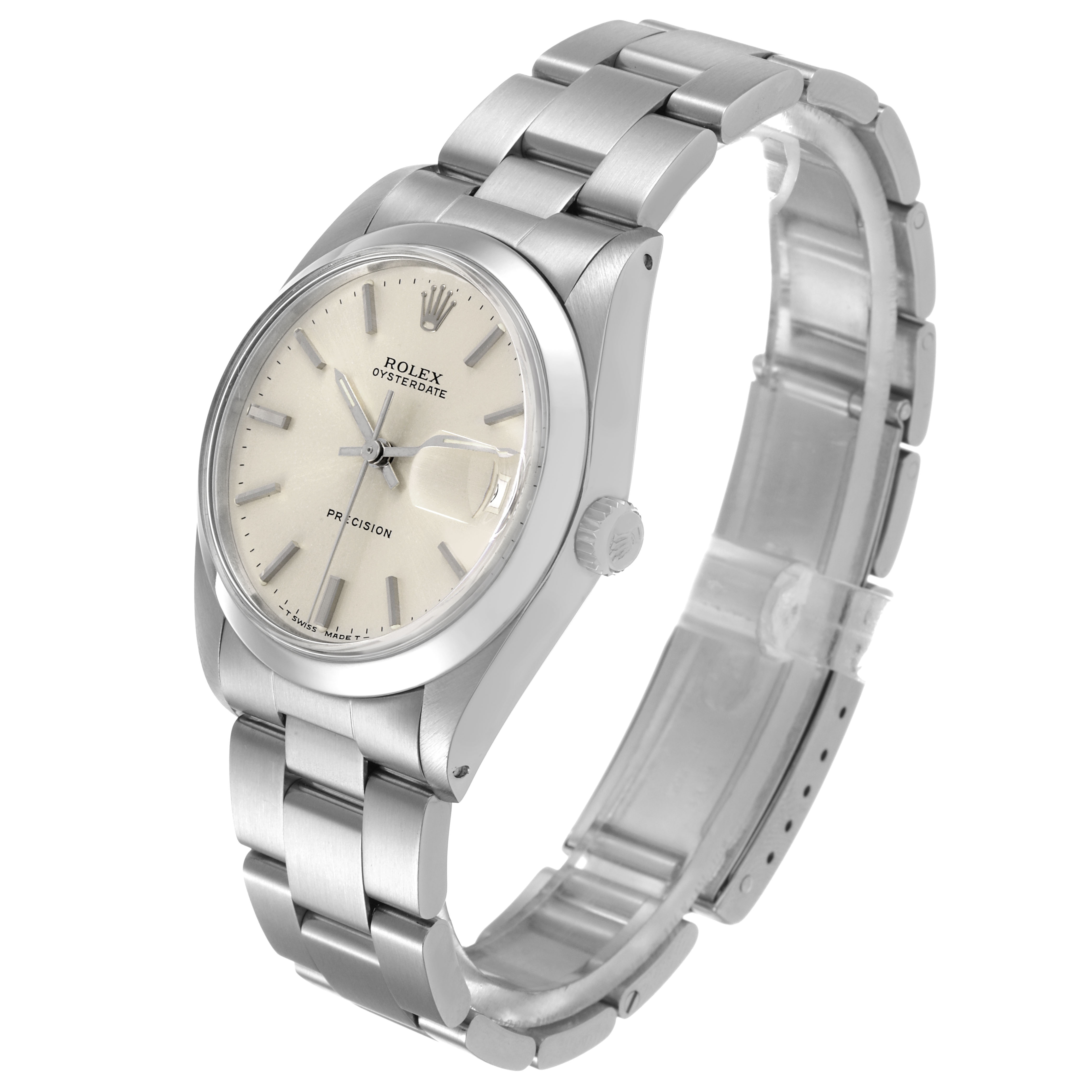 The image shows a Rolex Vintage Collection 6694 Men's Stainless Steel Silver Dial watch at an angle highlighting the dial, bezel, crown, and bracelet.
