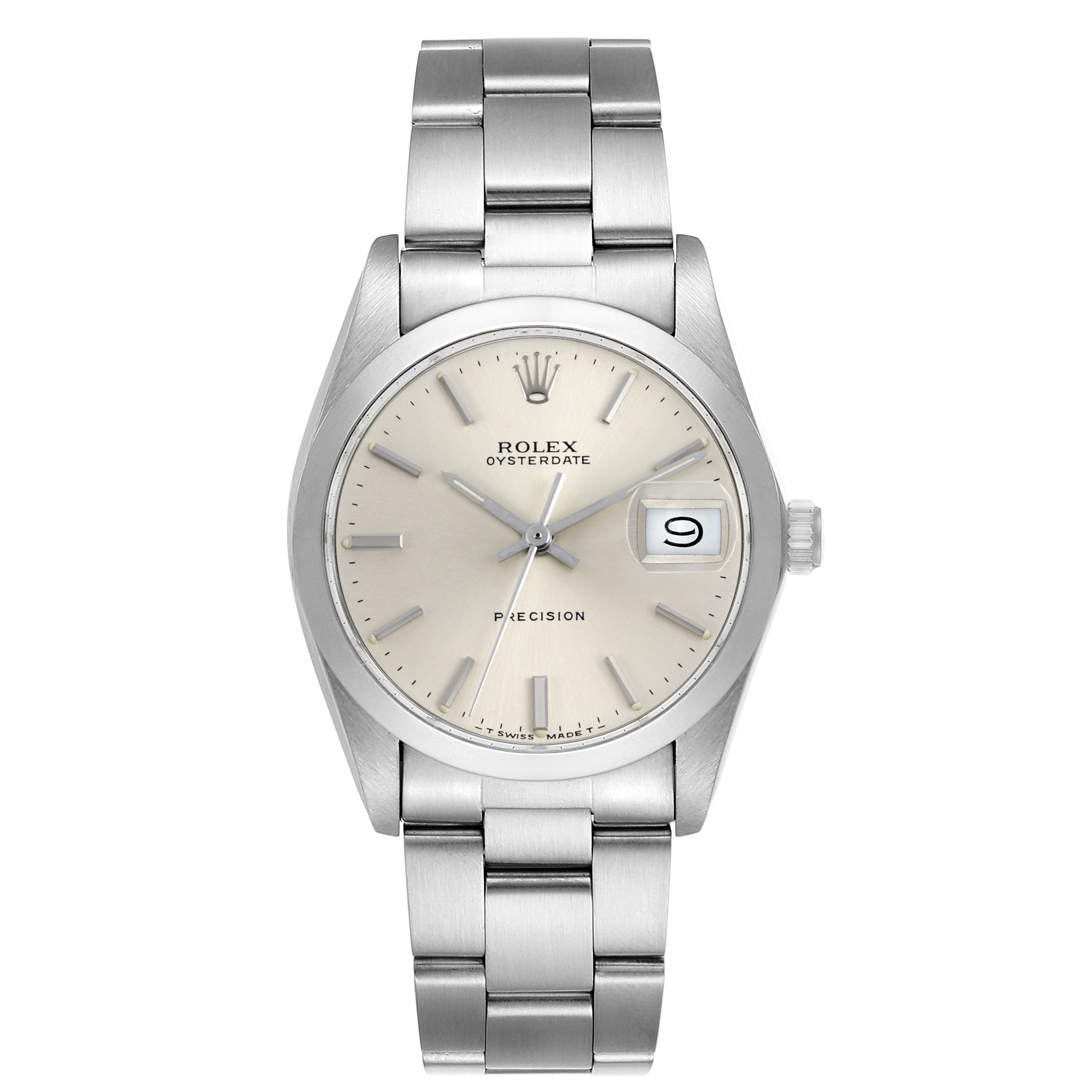 The Rolex Vintage Collection 6694 Men's Stainless Steel Silver Dial model is shown from a front angle, displaying its dial, bezel, bracelet, and crown.