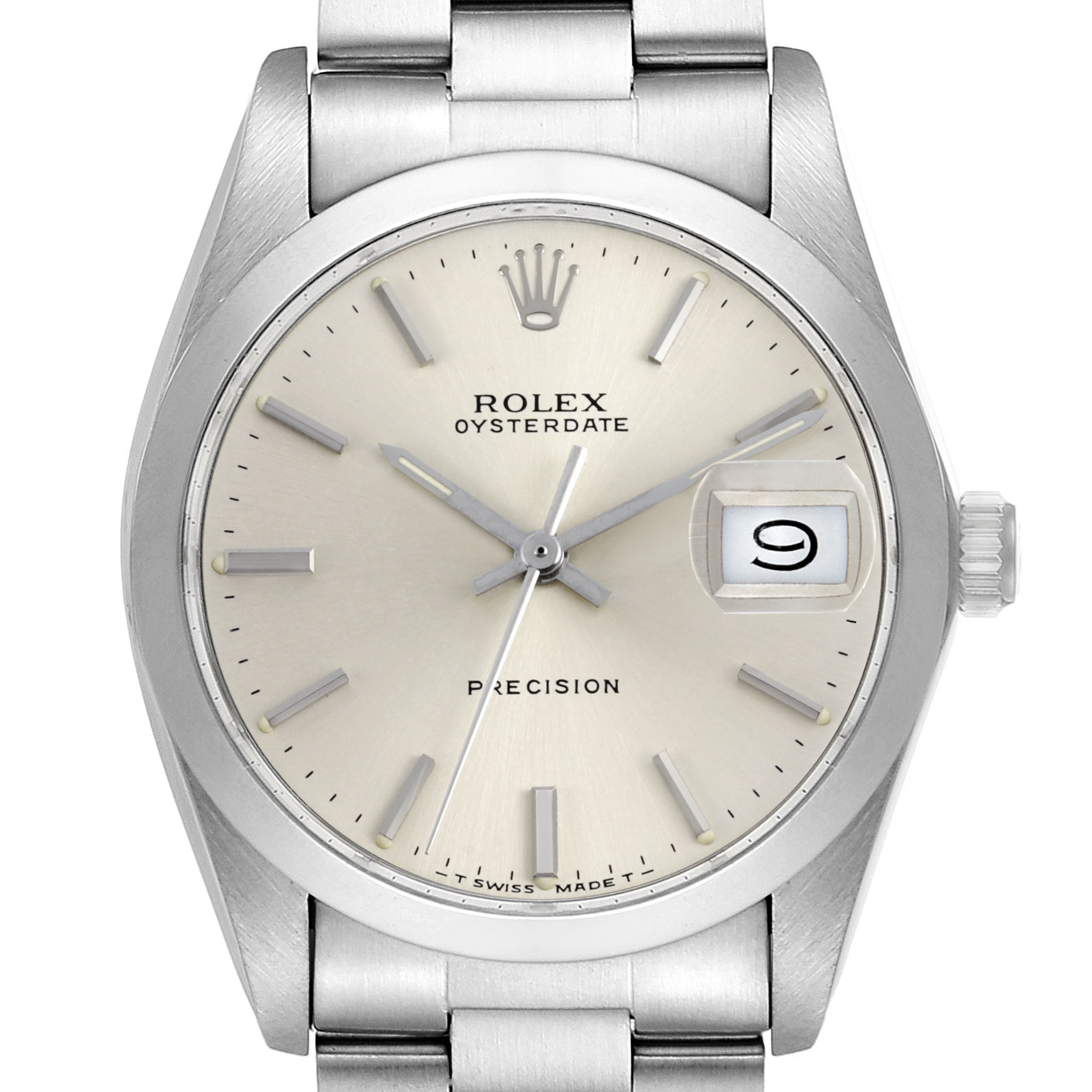 The Rolex Vintage Collection 6694 Men's Stainless Steel Silver Dial watch is shown from the front, displaying the face, hands, and date window.