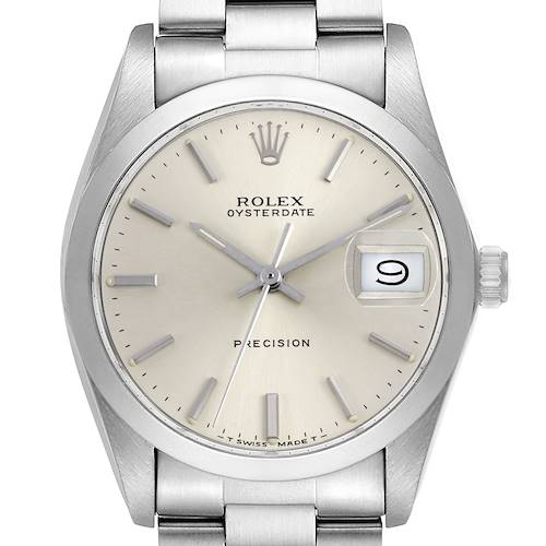The Rolex Vintage Collection 6694 Men's Stainless Steel Silver Dial watch is shown from a front angle, highlighting the dial, hands, date window, and part of the bracelet.