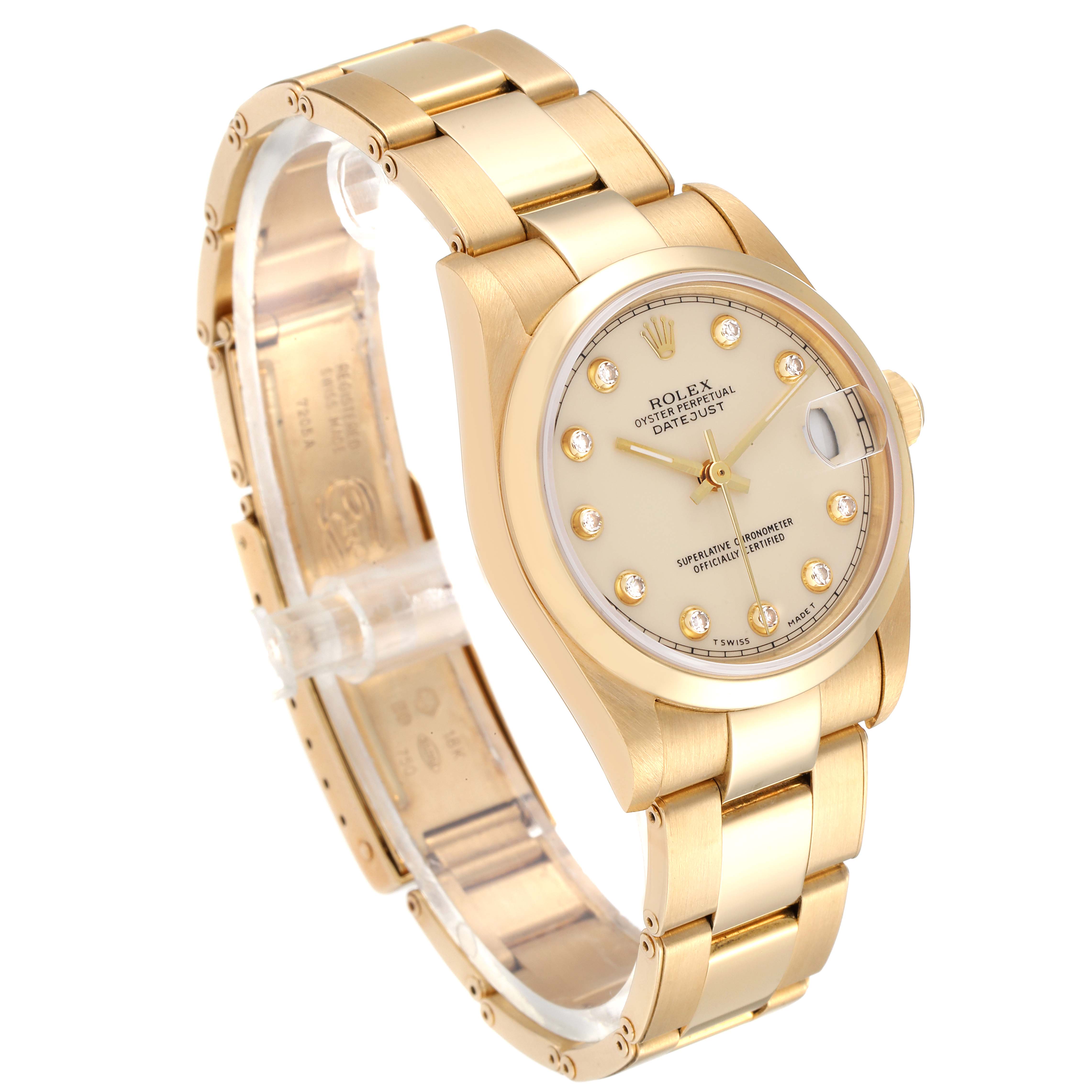 The Rolex President 68248 Women
s Yellow Gold Beige Dial 68248 Women
s Yellow Gold Beige Dial model watch is shown at an angled view featuring its gold bracelet, bezel, and watch face with diamond markers.