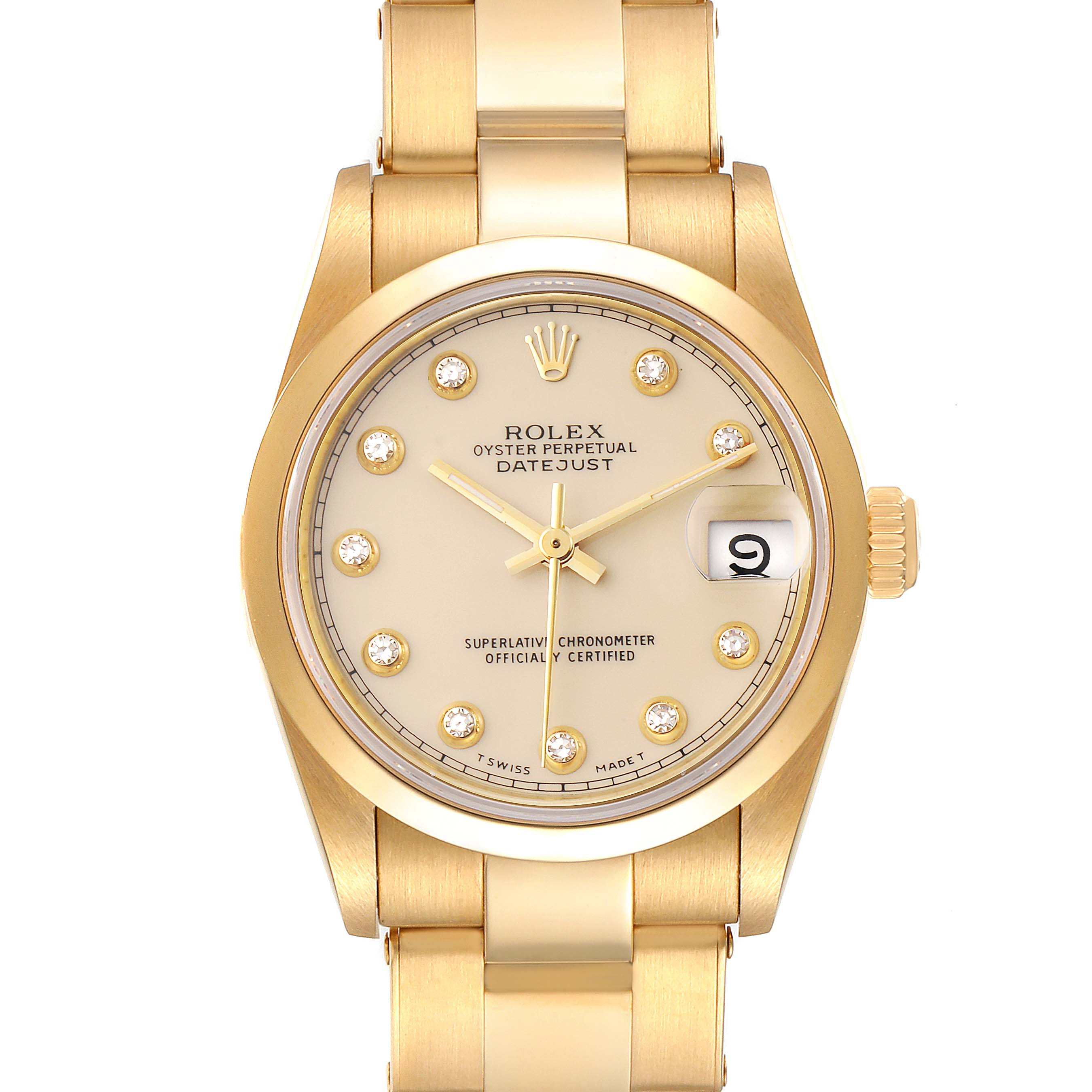The image shows a frontal view of the Rolex President 68248 Women
s Yellow Gold Beige Dial 68248 Women
s Yellow Gold Beige Dial Oyster Perpetual Datejust watch, highlighting the dial and bracelet.