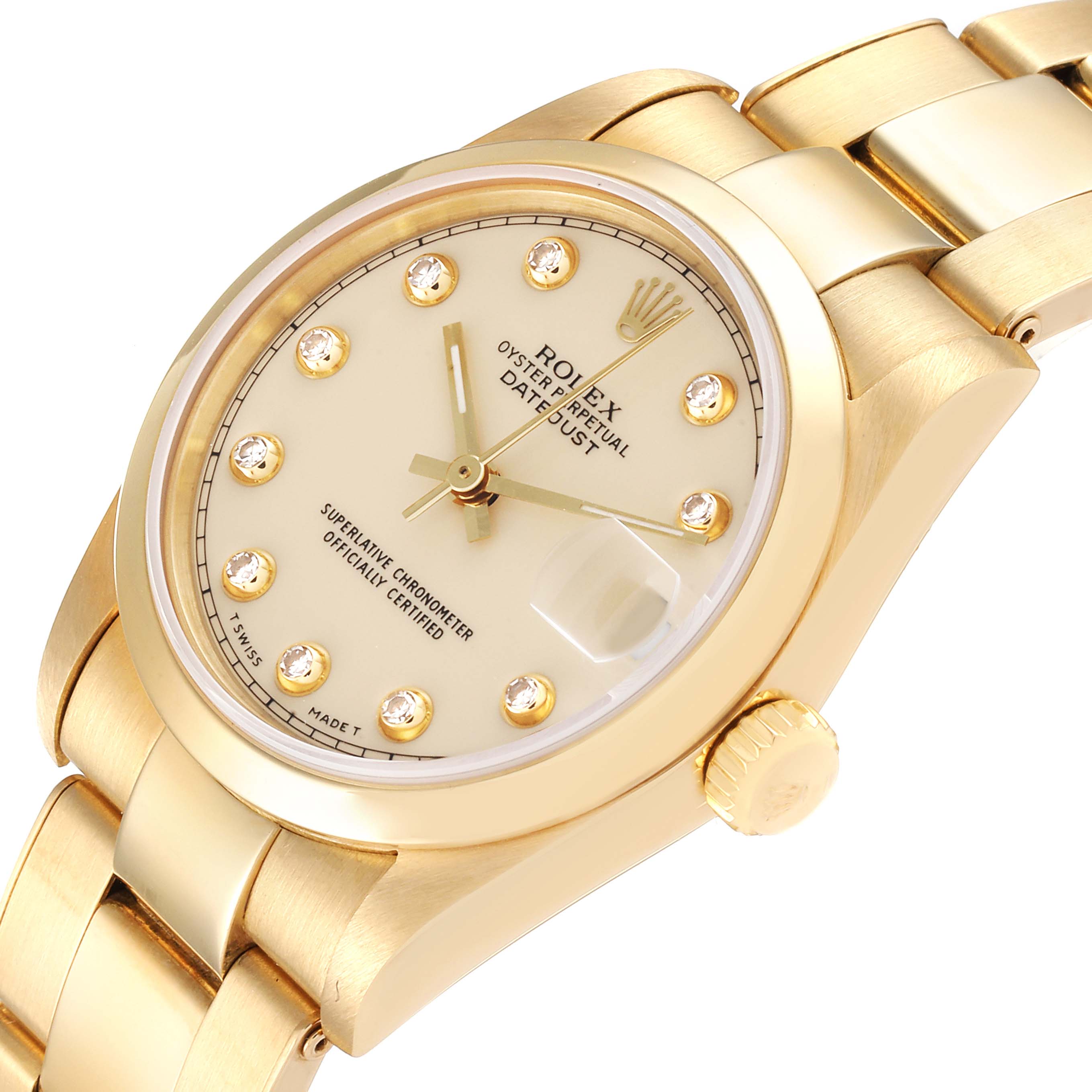 The watch is a Rolex President 68248 Women
s Yellow Gold Beige Dial 68248 Women
s Yellow Gold Beige Dial model, shown at a tilted angle, displaying its face, dial, crown, and part of the bracelet.