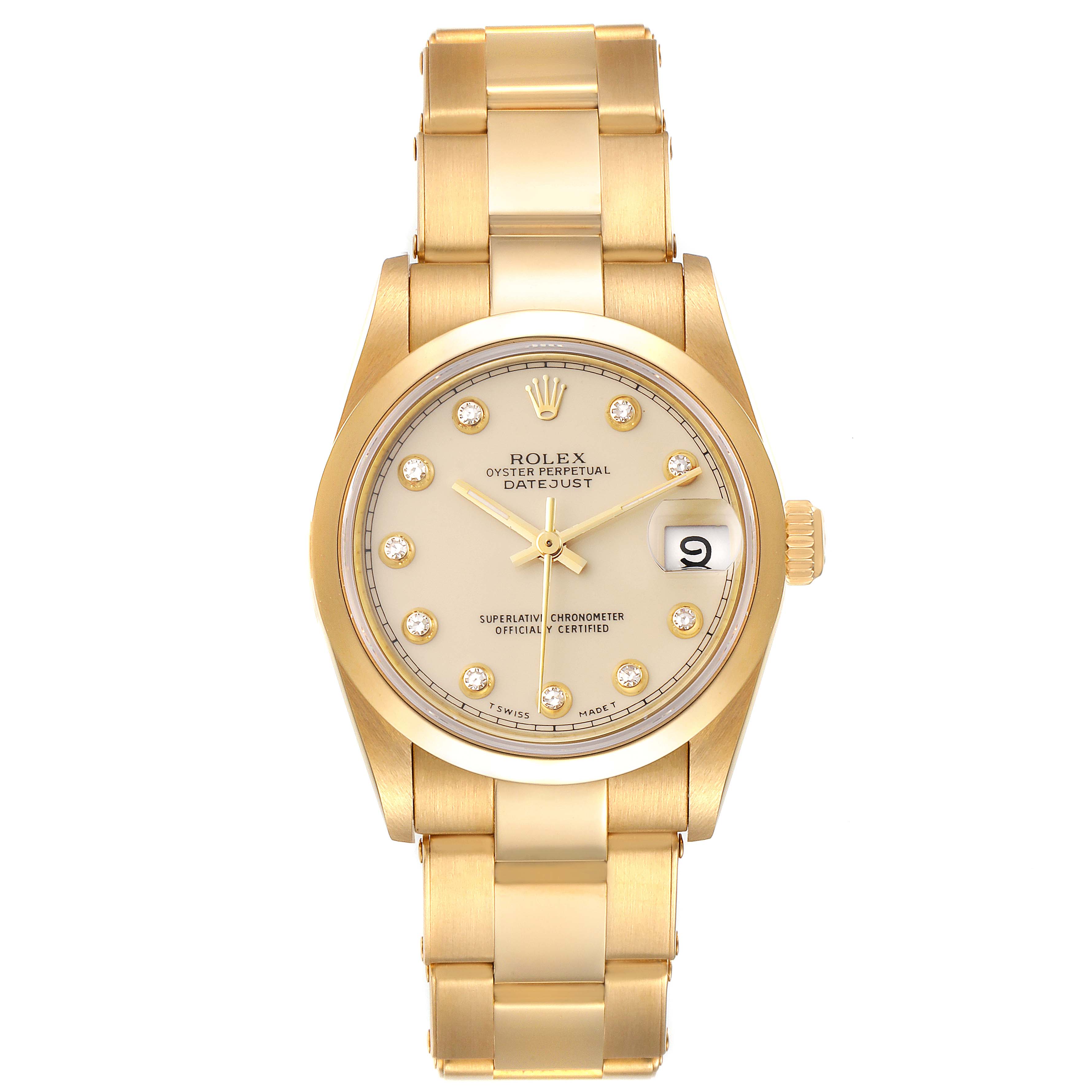 This is a Rolex President 68248 Women
s Yellow Gold Beige Dial 68248 Women
s Yellow Gold Beige Dial model, shown from the front with a gold bracelet, dial, and a date display.
