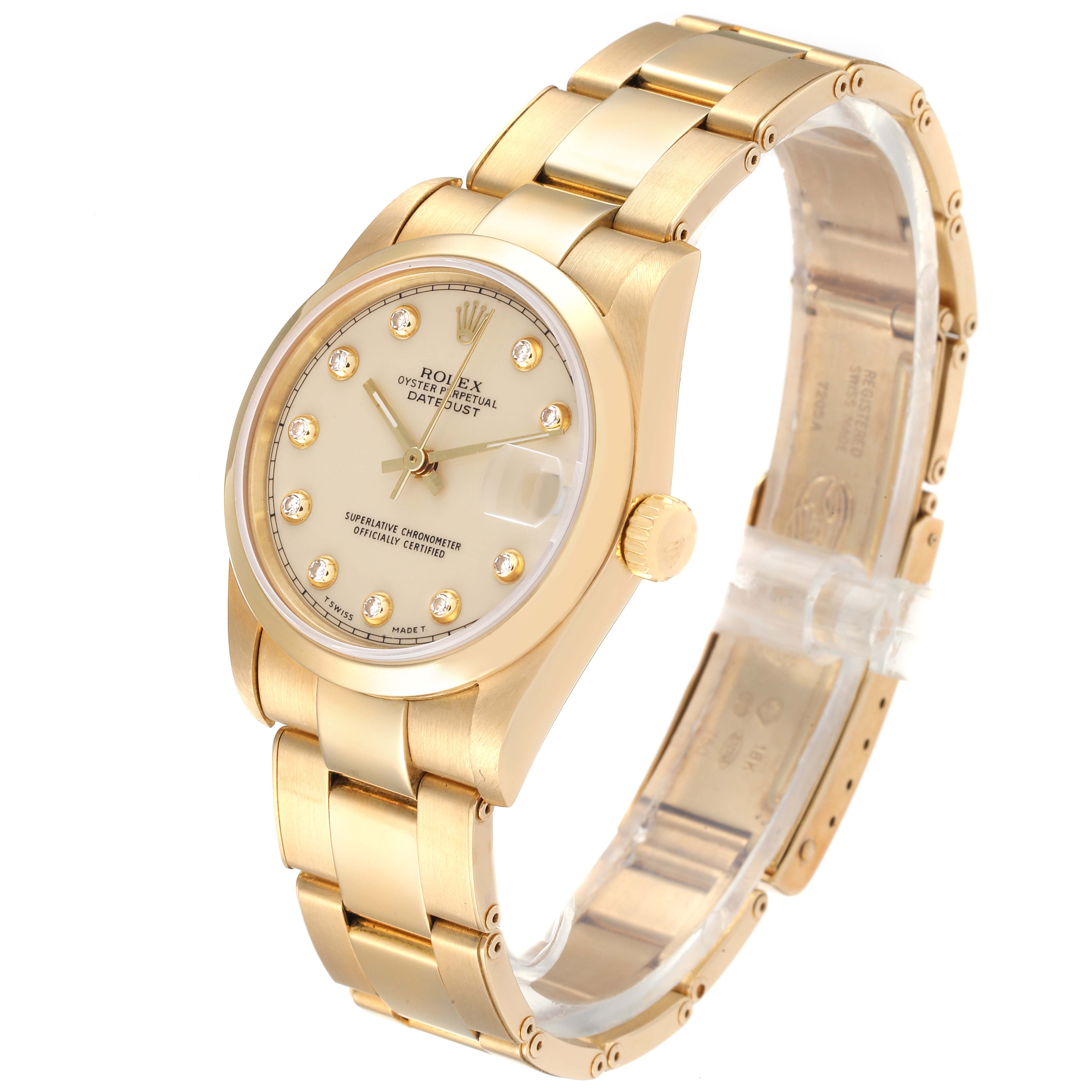 This image shows a gold Rolex President 68248 Women
s Yellow Gold Beige Dial 68248 Women
s Yellow Gold Beige Dial model watch at a three-quarter angle, highlighting the face, bezel, crown, and bracelet.