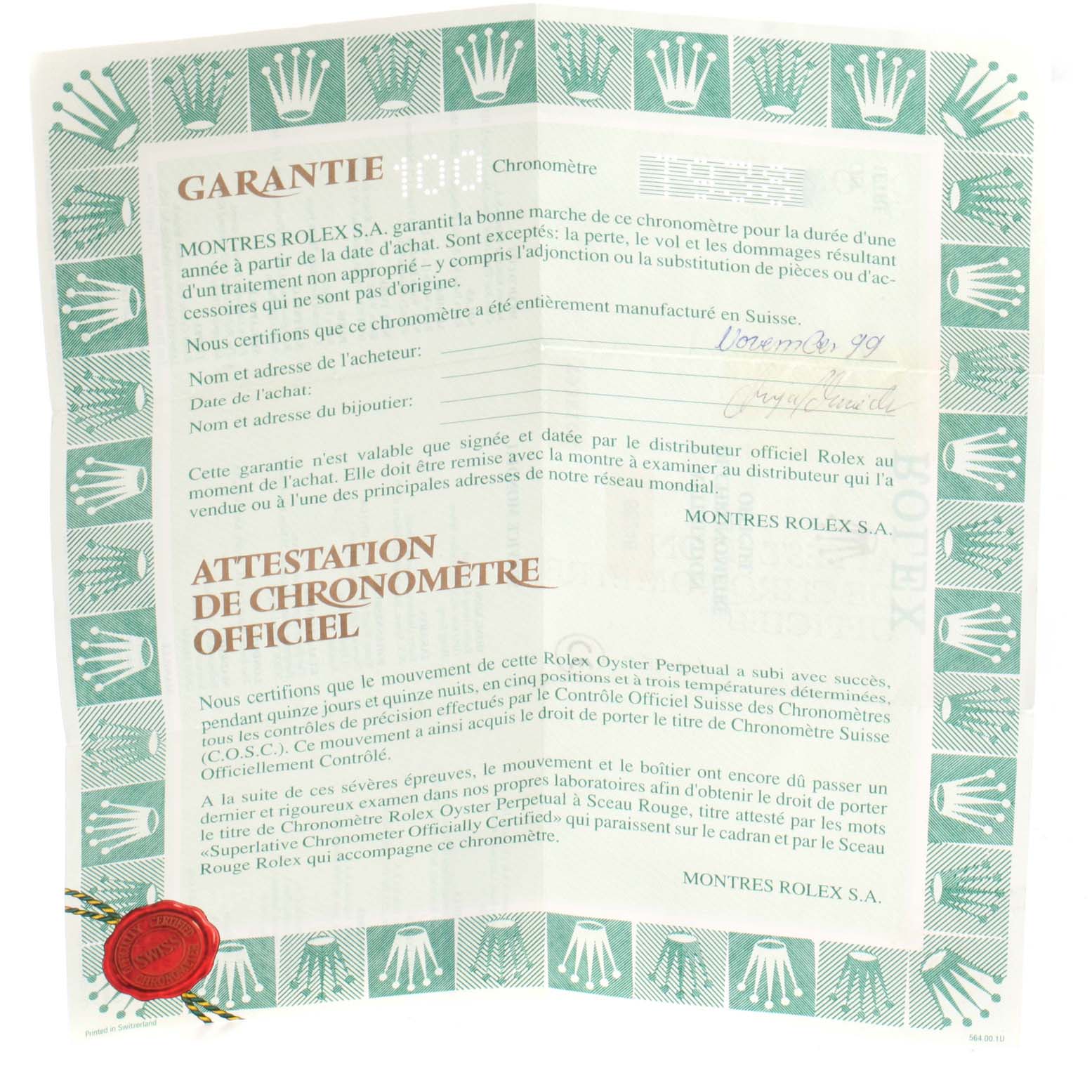 The image shows the official warranty and certificate paperwork for a Rolex President 68248 Women
s Yellow Gold Beige Dial 68248 Women
s Yellow Gold Beige Dial model watch.