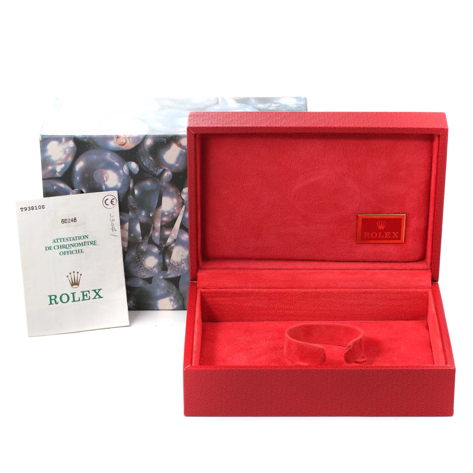 This image shows the open red box and warranty card for a Rolex President 68248 Women
s Yellow Gold Beige Dial 68248 Women
s Yellow Gold Beige Dial model watch.