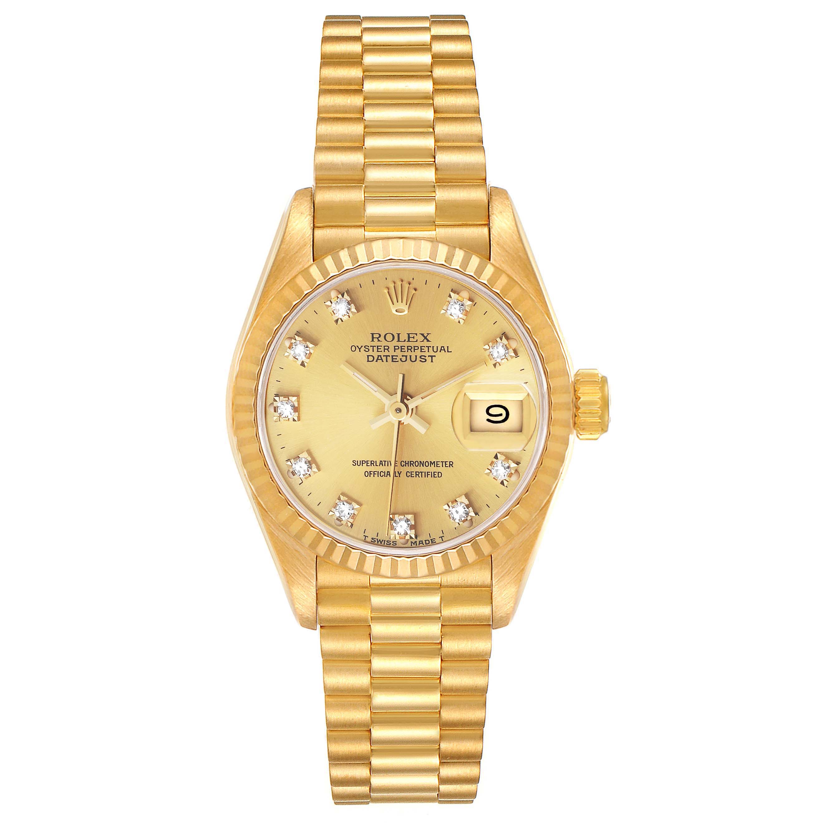 This image shows a front view of a Rolex President 69178 Women
s Yellow Gold Champagne Dial 69178 Women
s Yellow Gold Champagne Dial model watch, highlighting its gold band, dial, and date display.