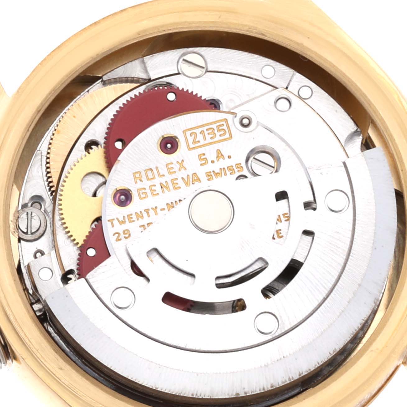 This image shows the internal mechanism of a Rolex President 69178 Women
s Yellow Gold Champagne Dial 69178 Women
s Yellow Gold Champagne Dial model watch at a close-up angle.