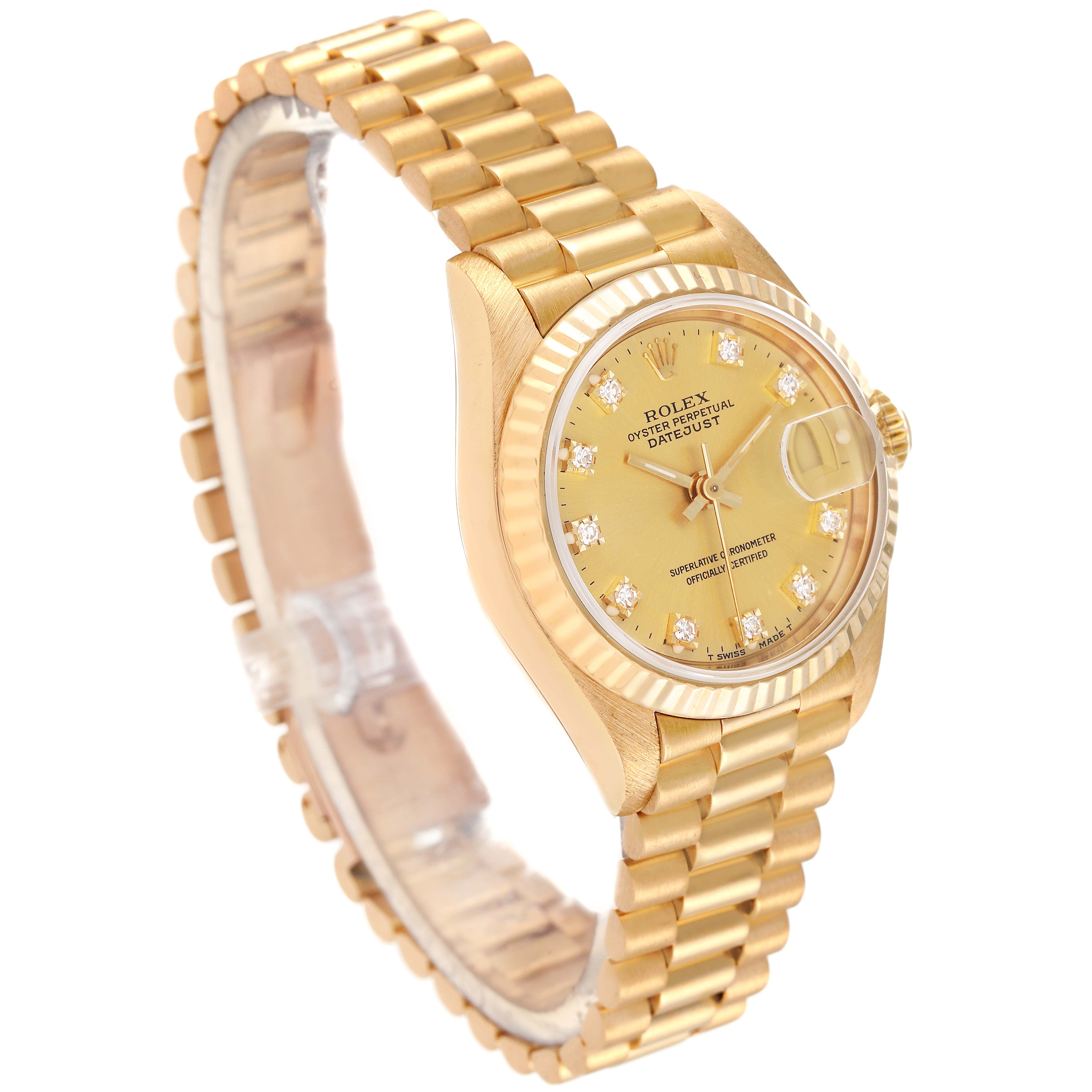 The image shows a Rolex President 69178 Women
s Yellow Gold Champagne Dial 69178 Women
s Yellow Gold Champagne Dial model watch at a three-quarter angle, highlighting its gold case, bracelet, and dial with diamond markers.