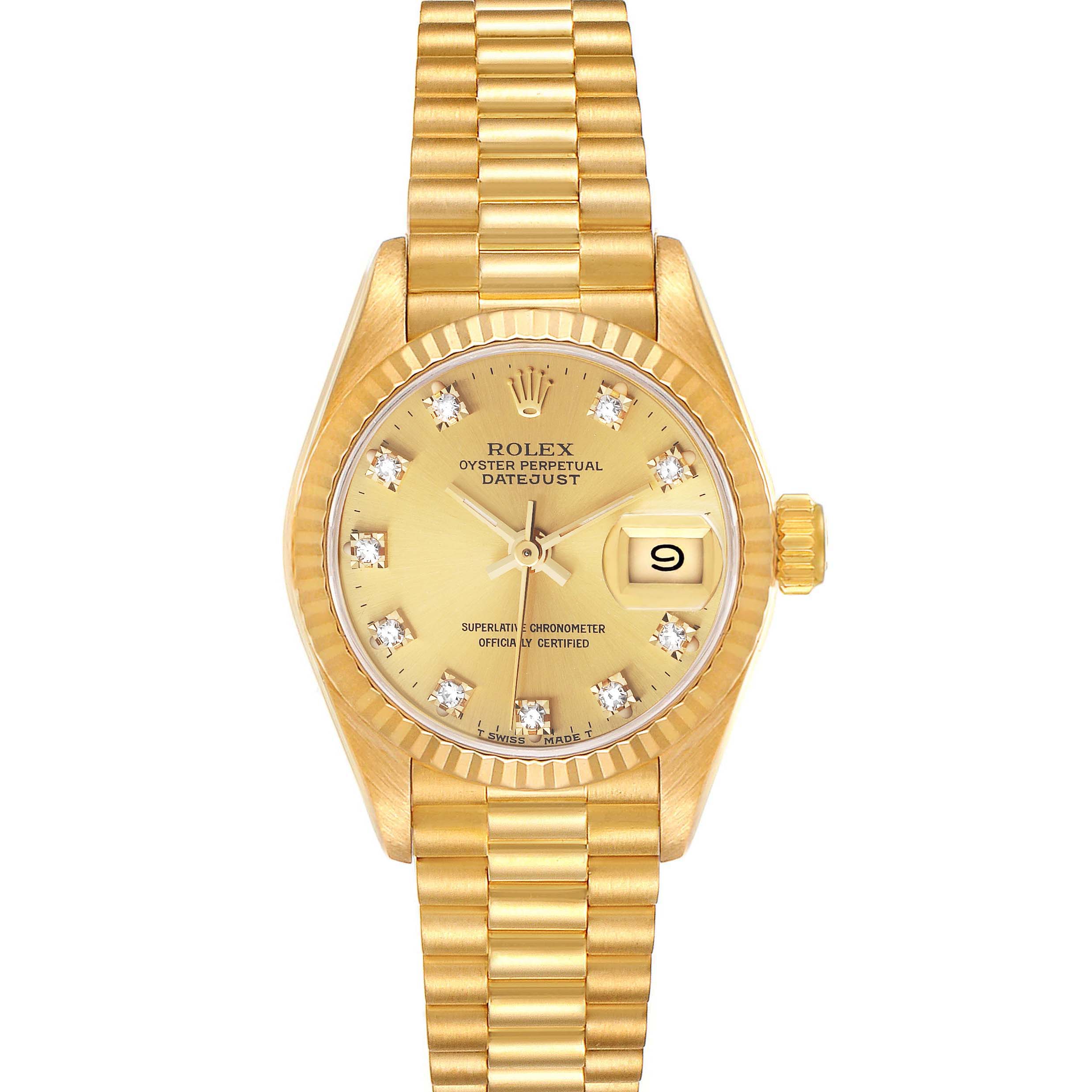 This image shows a front view of the Rolex President 69178 Women
s Yellow Gold Champagne Dial 69178 Women
s Yellow Gold Champagne Dial Datejust watch, highlighting the dial, bracelet, and date window.