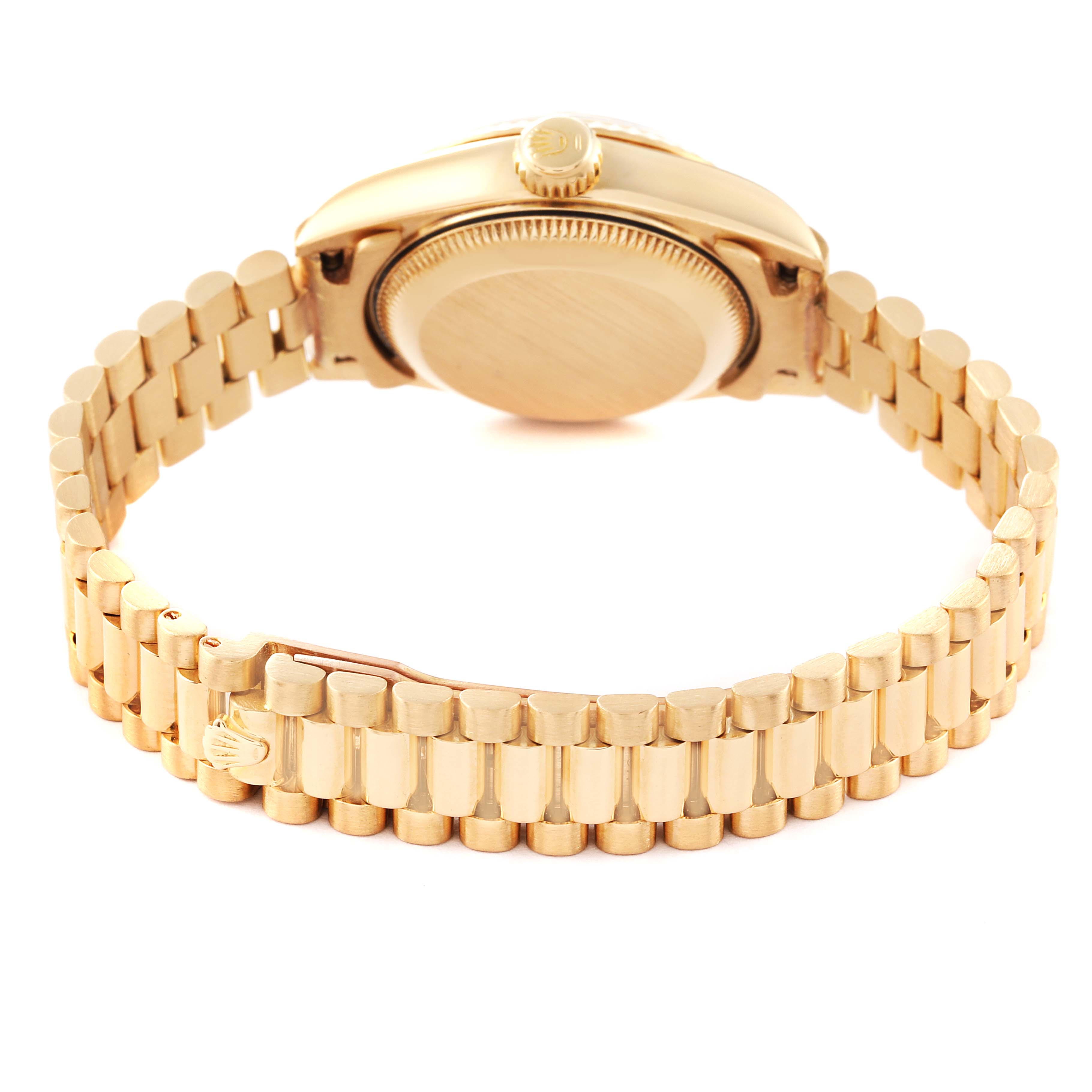 The image shows the back view of a Rolex President 69178 Women
s Yellow Gold Champagne Dial 69178 Women
s Yellow Gold Champagne Dial model watch, highlighting its gold case and bracelet.